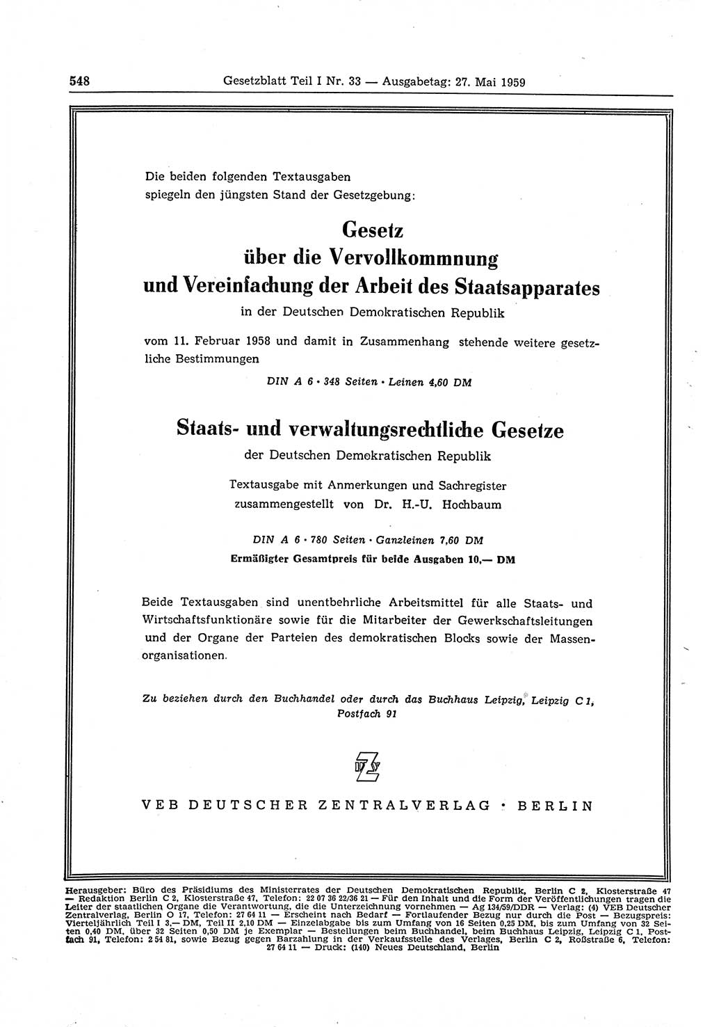 Gesetzblatt (GBl.) der Deutschen Demokratischen Republik (DDR) Teil Ⅰ 1959, Seite 548 (GBl. DDR Ⅰ 1959, S. 548)