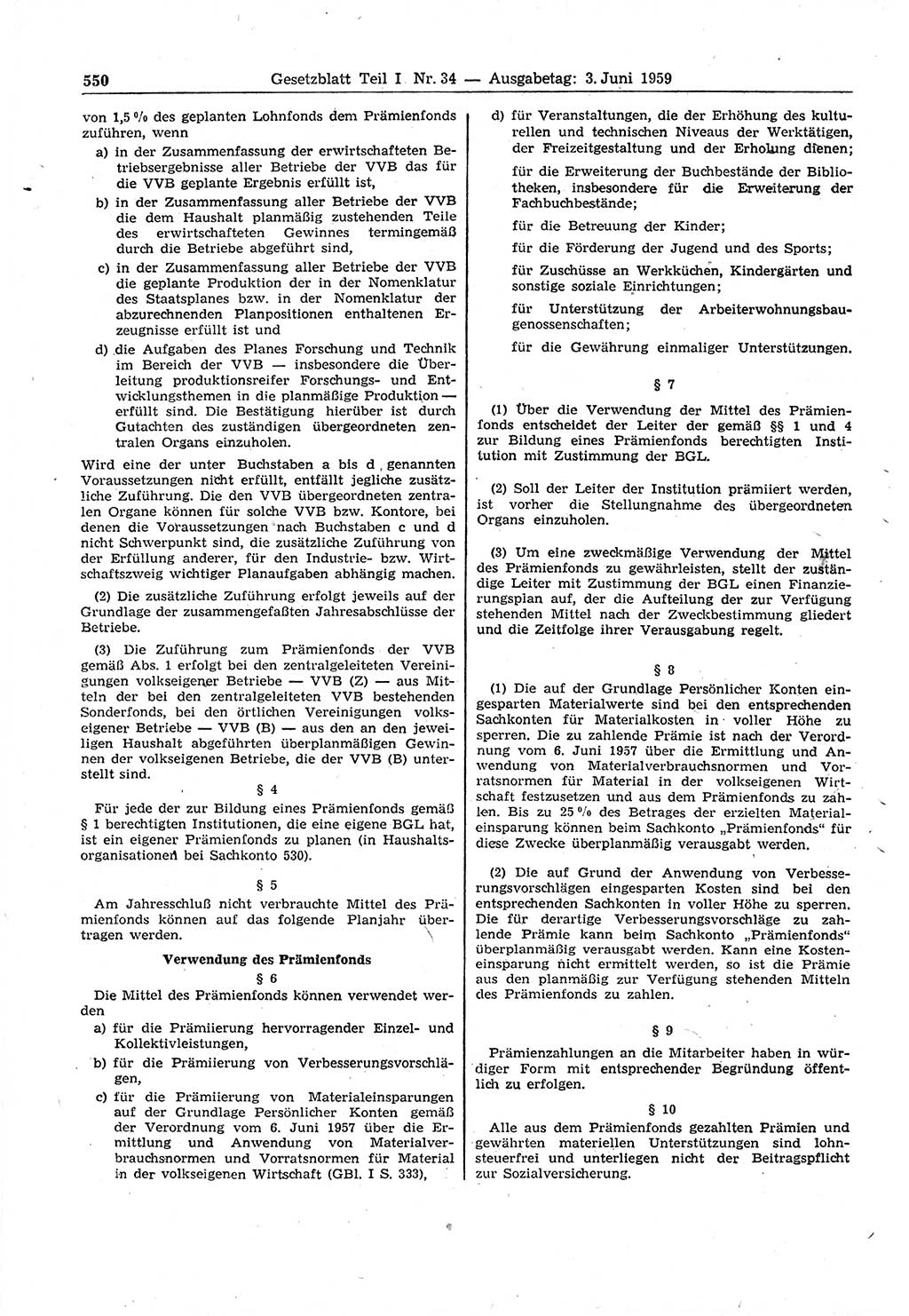 Gesetzblatt (GBl.) der Deutschen Demokratischen Republik (DDR) Teil Ⅰ 1959, Seite 550 (GBl. DDR Ⅰ 1959, S. 550)