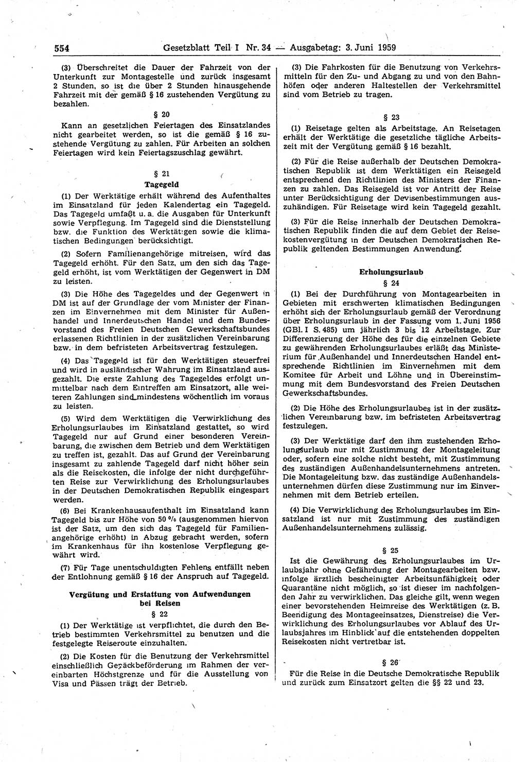 Gesetzblatt (GBl.) der Deutschen Demokratischen Republik (DDR) Teil Ⅰ 1959, Seite 554 (GBl. DDR Ⅰ 1959, S. 554)