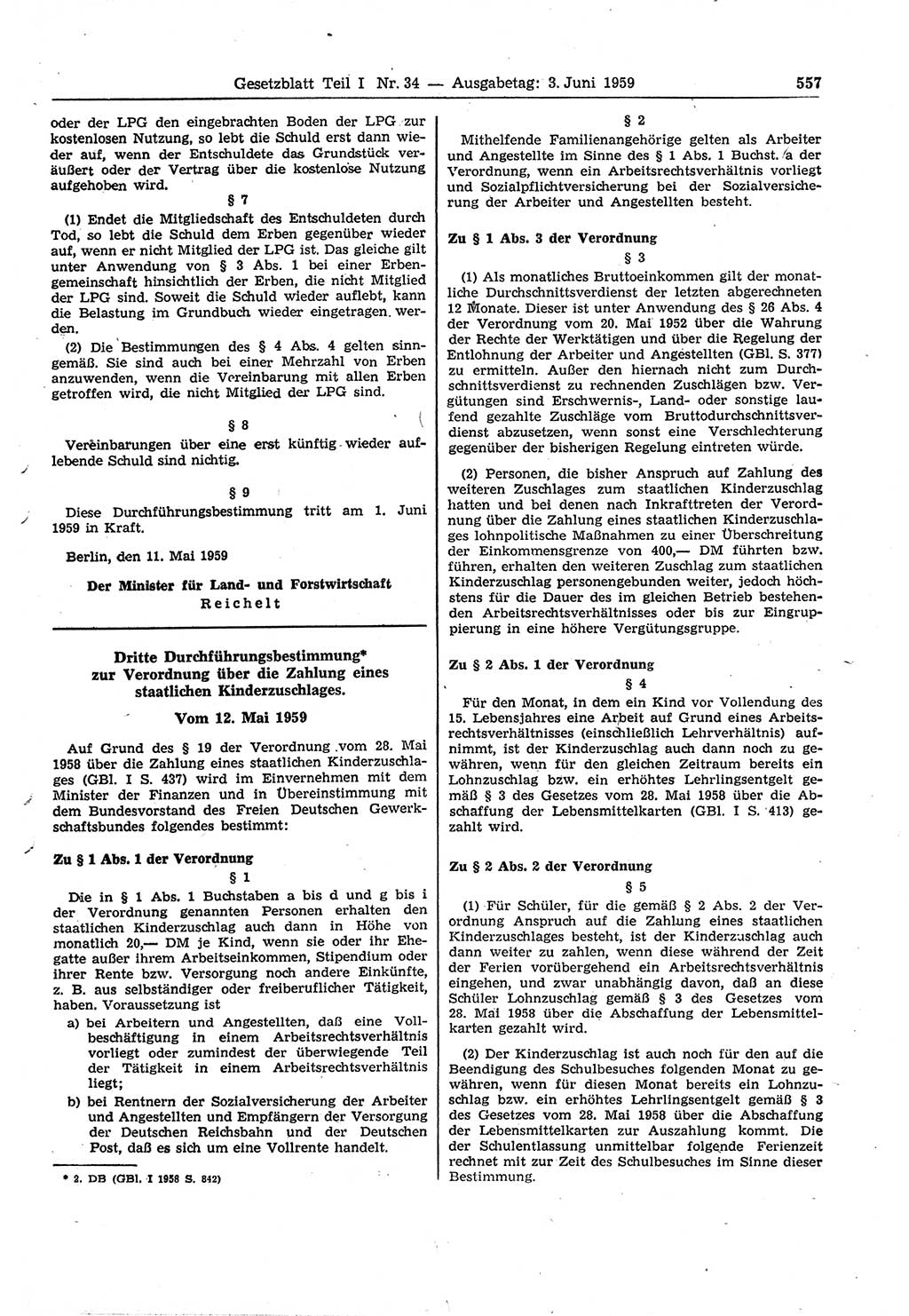 Gesetzblatt (GBl.) der Deutschen Demokratischen Republik (DDR) Teil Ⅰ 1959, Seite 557 (GBl. DDR Ⅰ 1959, S. 557)
