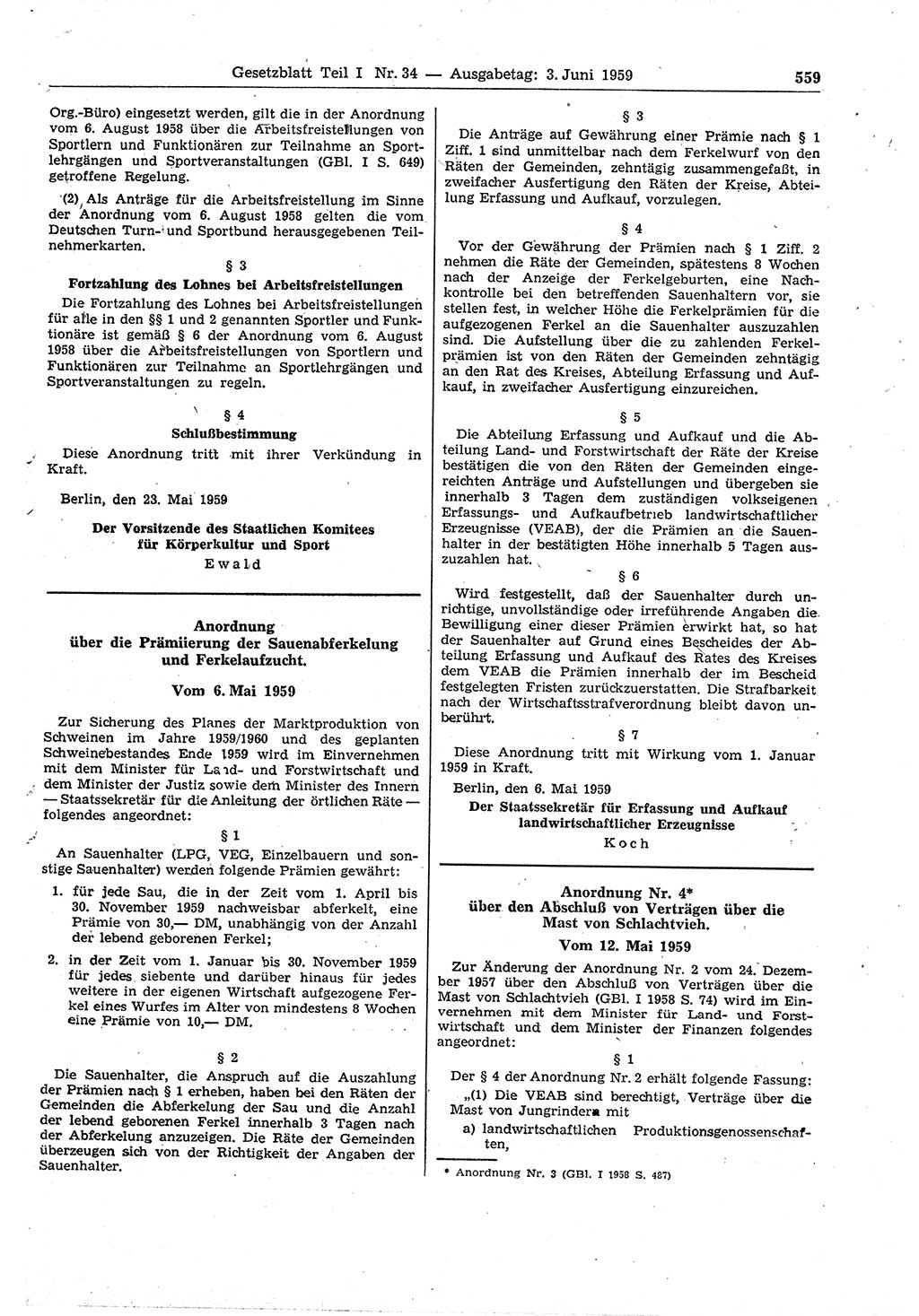 Gesetzblatt (GBl.) der Deutschen Demokratischen Republik (DDR) Teil Ⅰ 1959, Seite 559 (GBl. DDR Ⅰ 1959, S. 559)