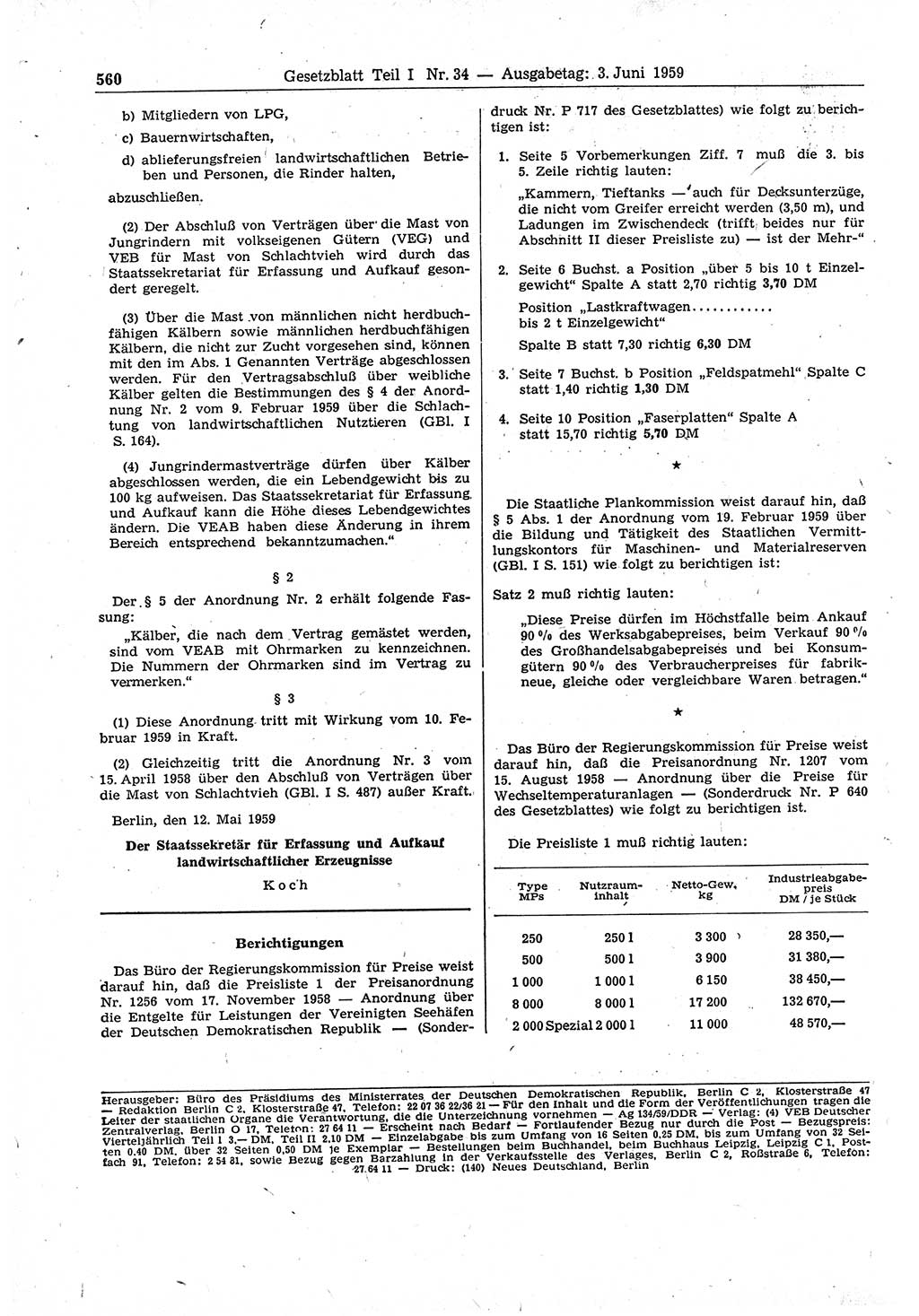 Gesetzblatt (GBl.) der Deutschen Demokratischen Republik (DDR) Teil Ⅰ 1959, Seite 560 (GBl. DDR Ⅰ 1959, S. 560)