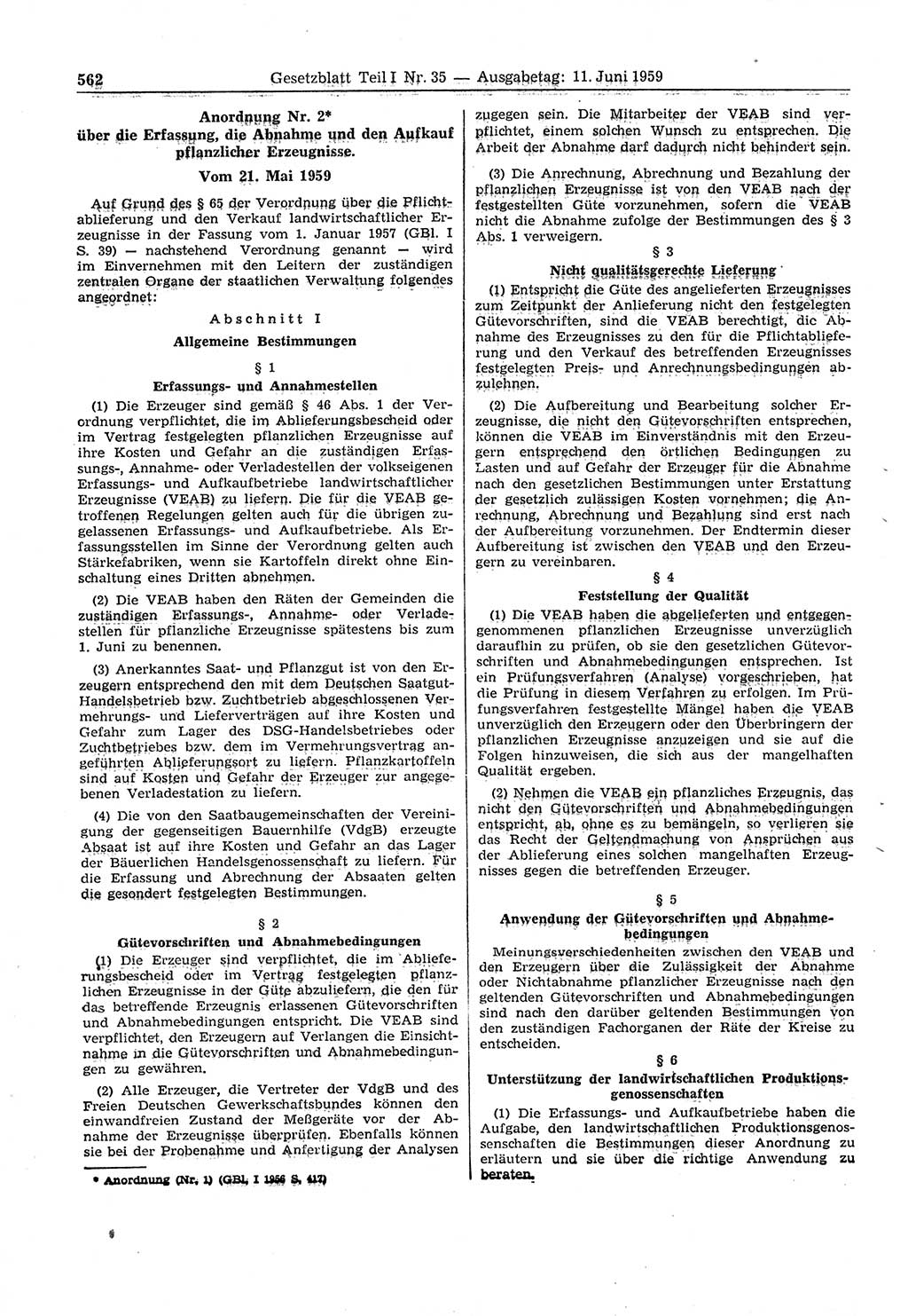 Gesetzblatt (GBl.) der Deutschen Demokratischen Republik (DDR) Teil Ⅰ 1959, Seite 562 (GBl. DDR Ⅰ 1959, S. 562)