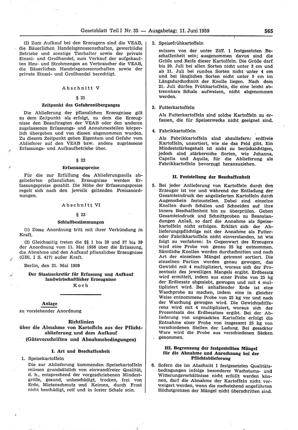 Gesetzblatt (GBl.) der Deutschen Demokratischen Republik (DDR) Teil Ⅰ 1959, Seite 565 (GBl. DDR Ⅰ 1959, S. 565)