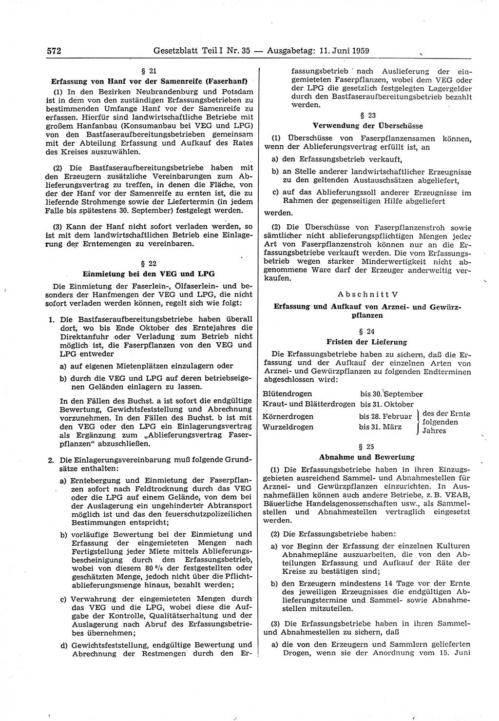 Gesetzblatt (GBl.) der Deutschen Demokratischen Republik (DDR) Teil Ⅰ 1959, Seite 572 (GBl. DDR Ⅰ 1959, S. 572)
