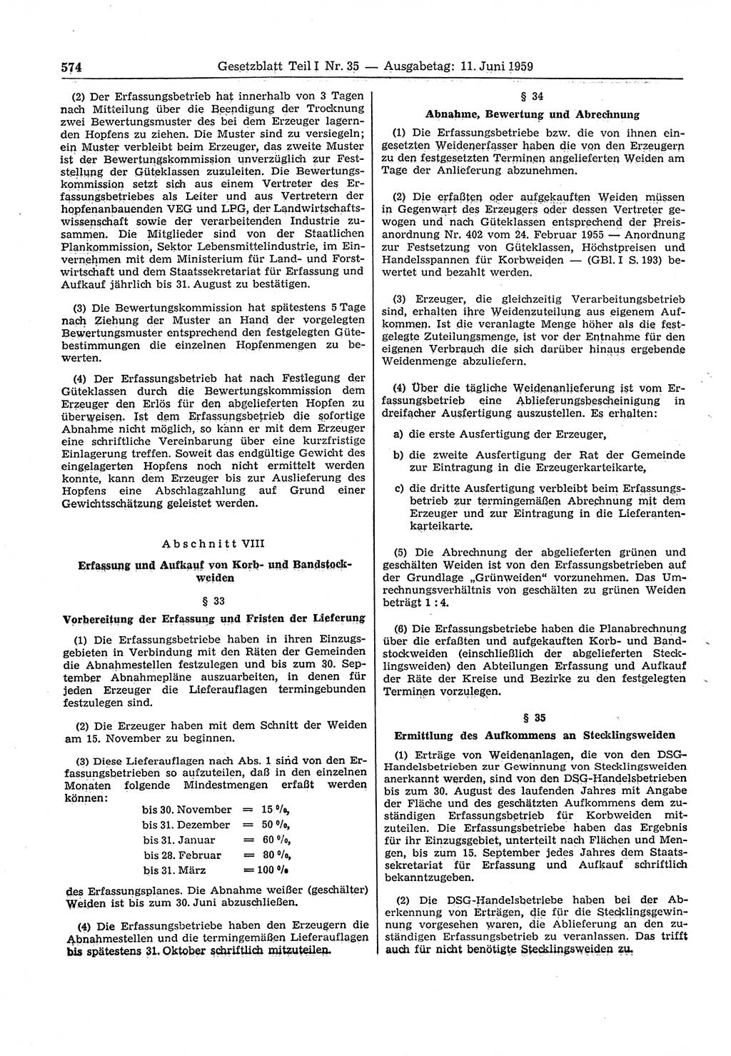 Gesetzblatt (GBl.) der Deutschen Demokratischen Republik (DDR) Teil Ⅰ 1959, Seite 574 (GBl. DDR Ⅰ 1959, S. 574)