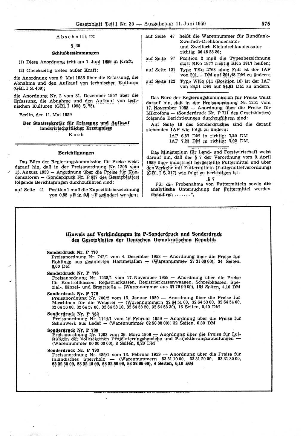 Gesetzblatt (GBl.) der Deutschen Demokratischen Republik (DDR) Teil Ⅰ 1959, Seite 575 (GBl. DDR Ⅰ 1959, S. 575)