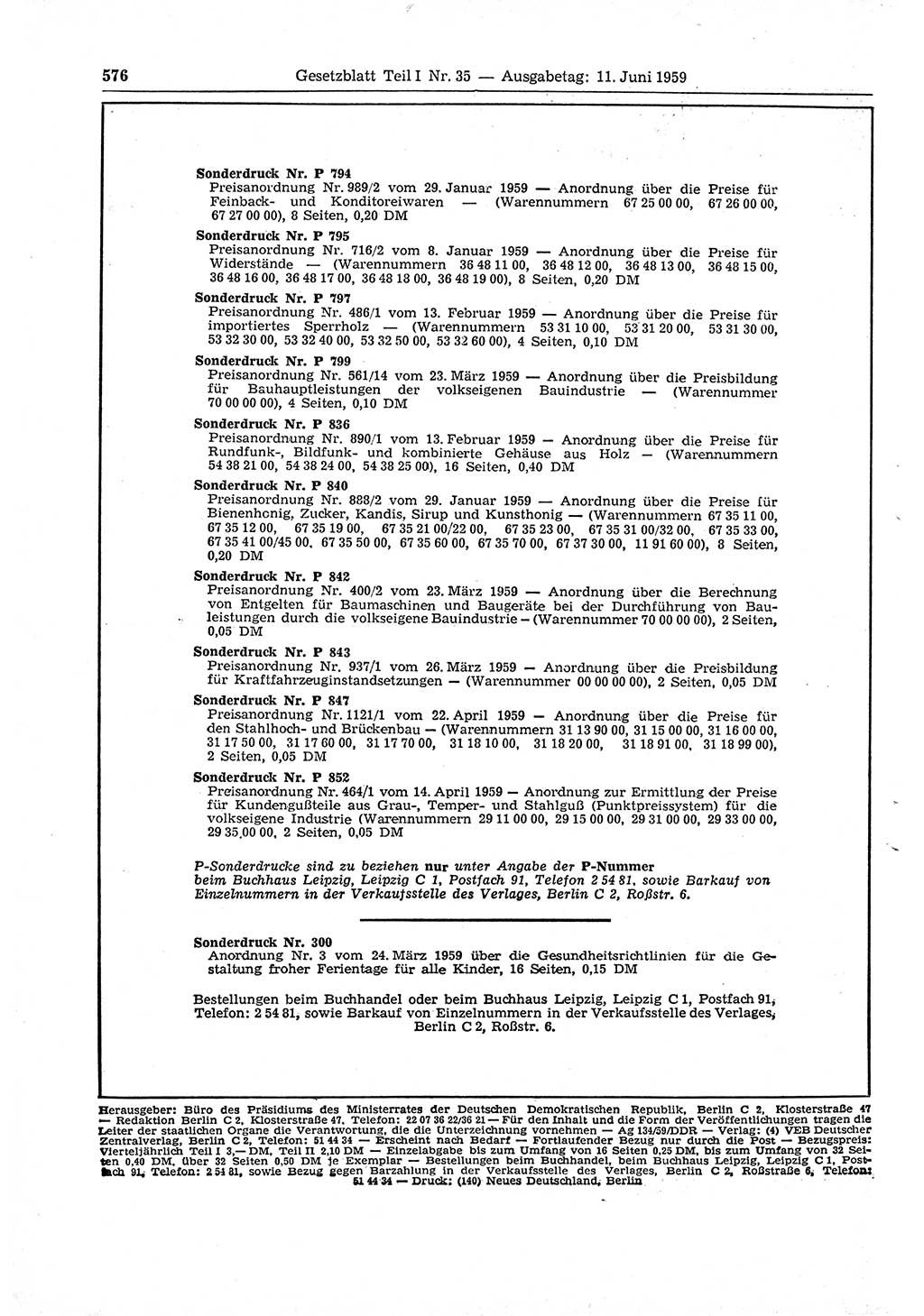 Gesetzblatt (GBl.) der Deutschen Demokratischen Republik (DDR) Teil Ⅰ 1959, Seite 576 (GBl. DDR Ⅰ 1959, S. 576)