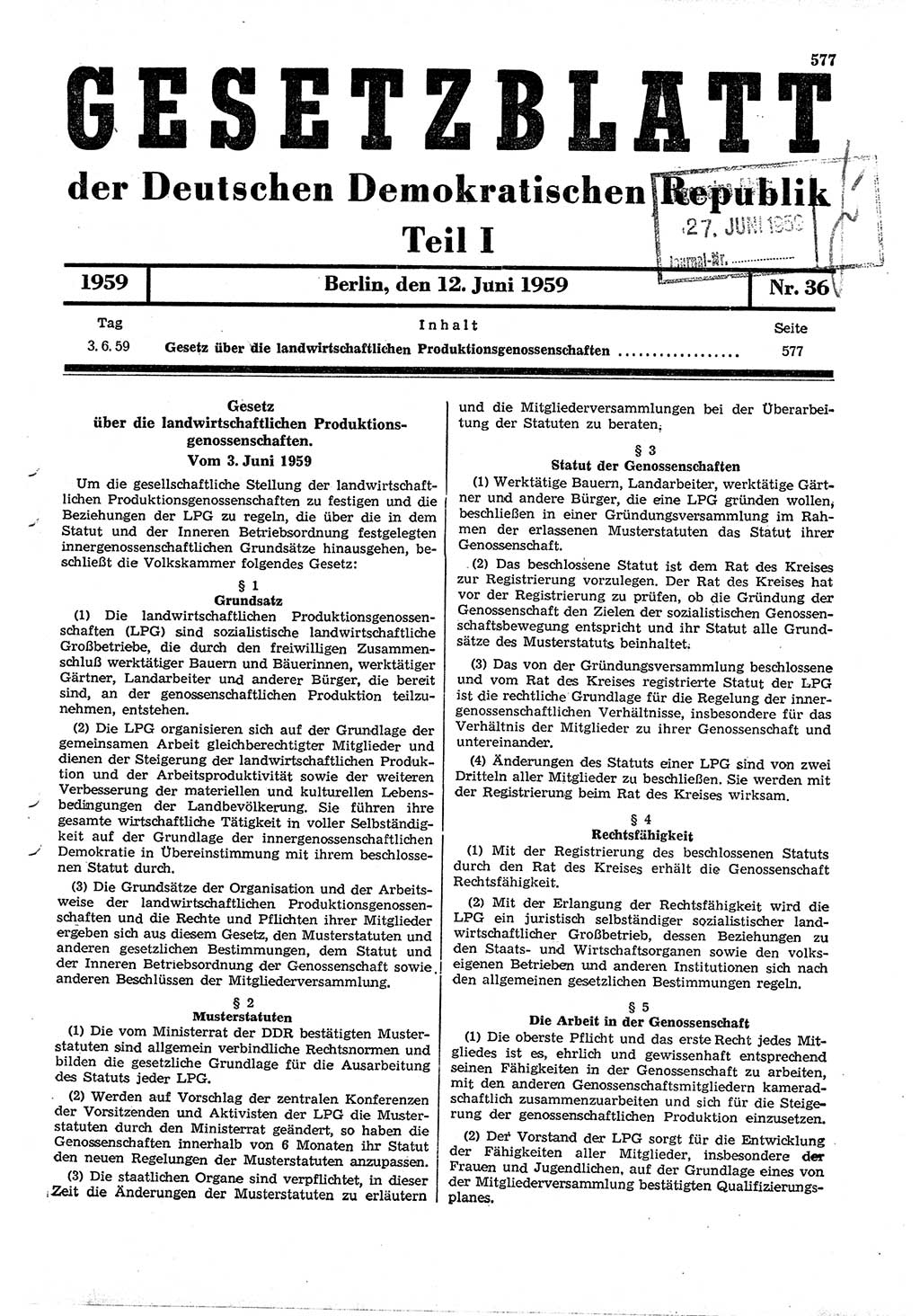 Gesetzblatt (GBl.) der Deutschen Demokratischen Republik (DDR) Teil Ⅰ 1959, Seite 577 (GBl. DDR Ⅰ 1959, S. 577)