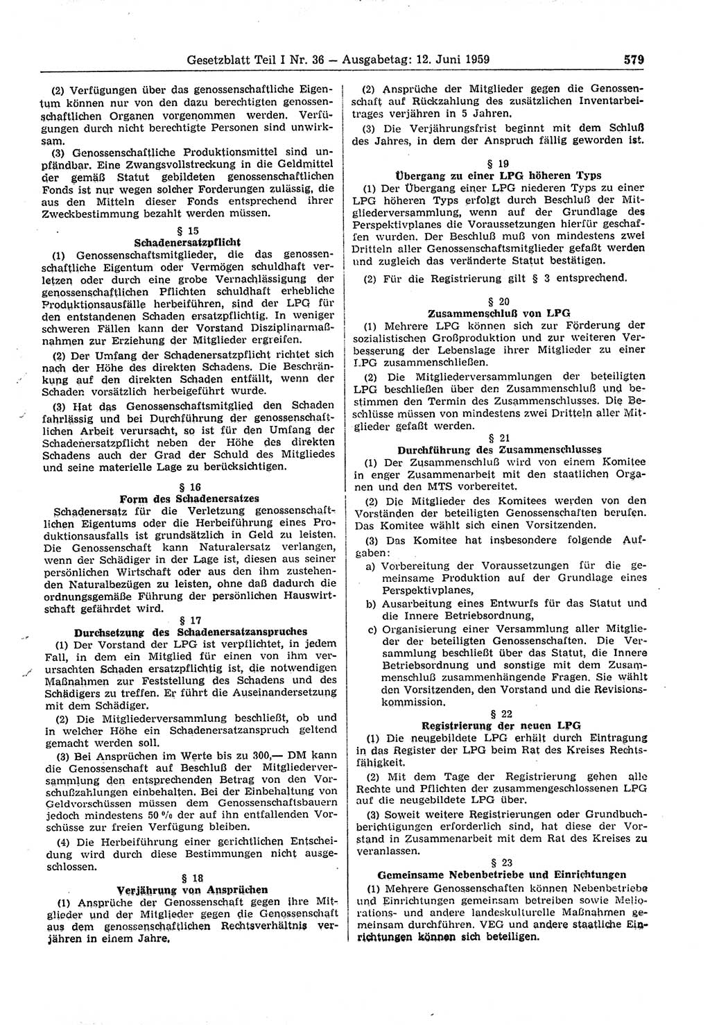 Gesetzblatt (GBl.) der Deutschen Demokratischen Republik (DDR) Teil Ⅰ 1959, Seite 579 (GBl. DDR Ⅰ 1959, S. 579)