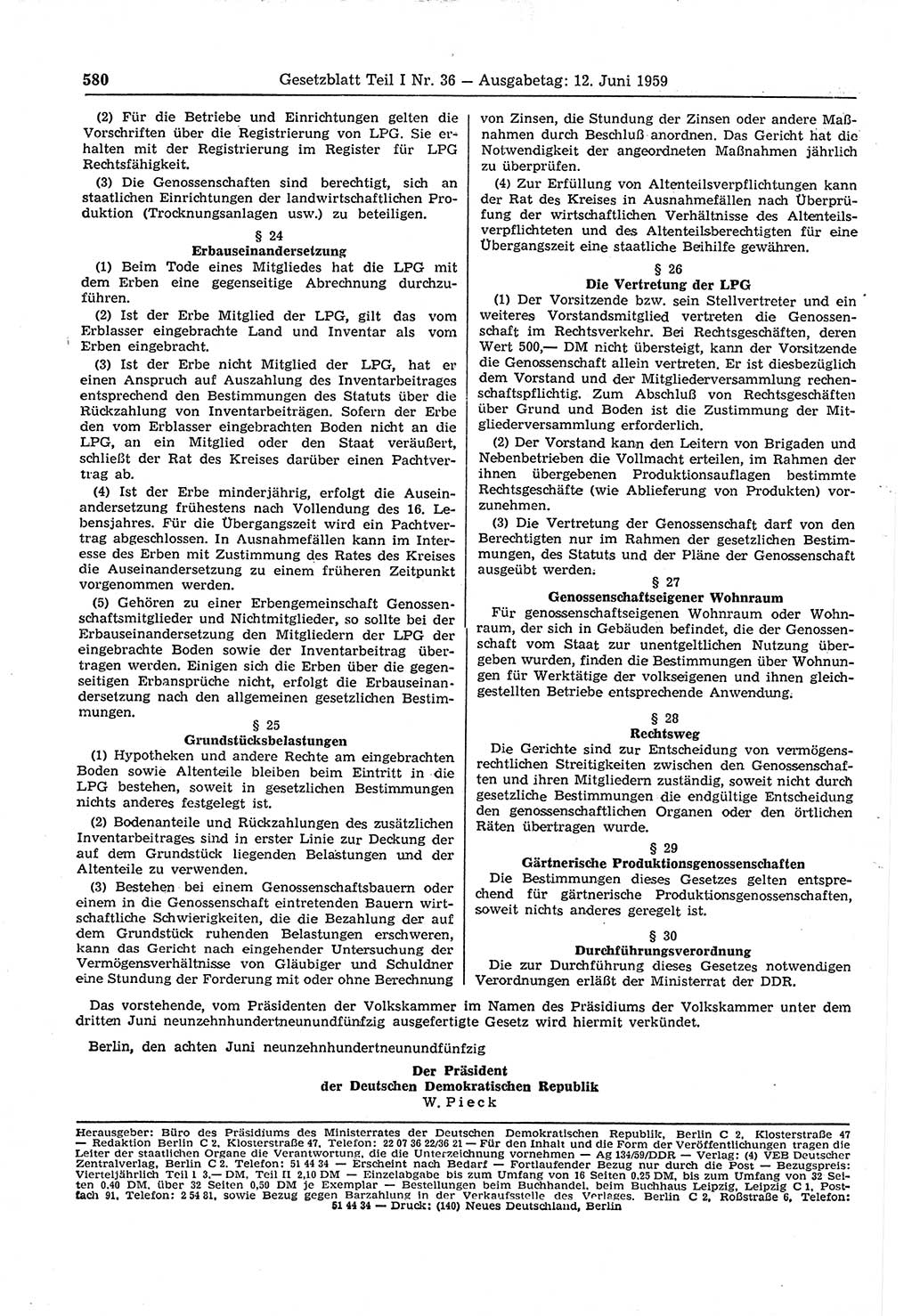 Gesetzblatt (GBl.) der Deutschen Demokratischen Republik (DDR) Teil Ⅰ 1959, Seite 580 (GBl. DDR Ⅰ 1959, S. 580)