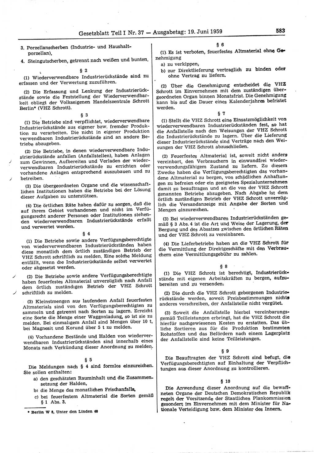 Gesetzblatt (GBl.) der Deutschen Demokratischen Republik (DDR) Teil Ⅰ 1959, Seite 583 (GBl. DDR Ⅰ 1959, S. 583)
