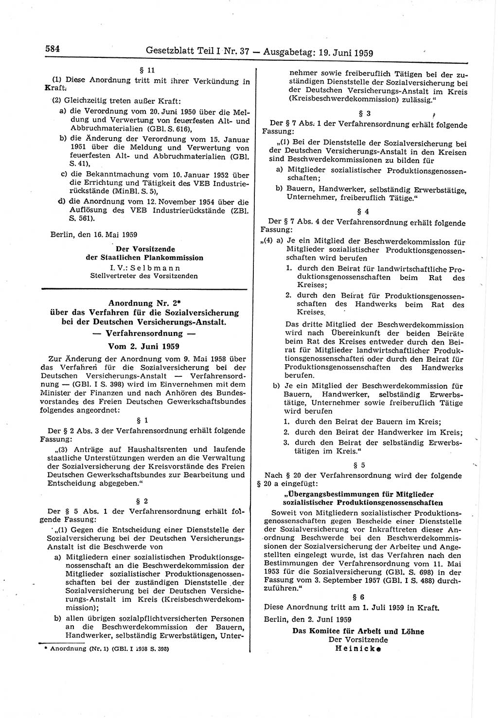 Gesetzblatt (GBl.) der Deutschen Demokratischen Republik (DDR) Teil Ⅰ 1959, Seite 584 (GBl. DDR Ⅰ 1959, S. 584)