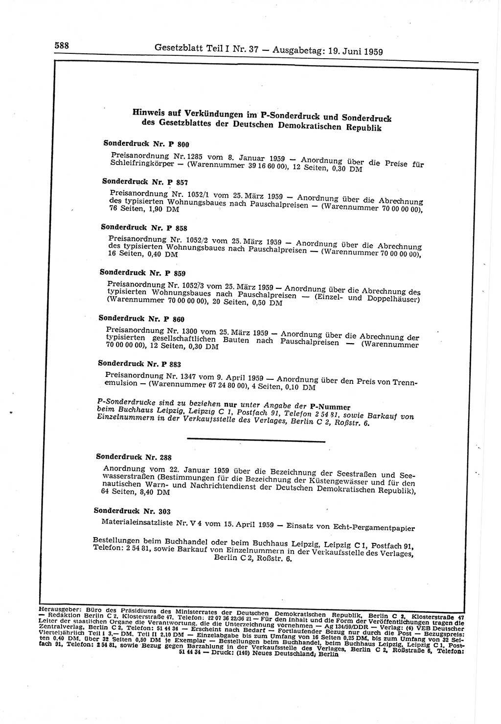 Gesetzblatt (GBl.) der Deutschen Demokratischen Republik (DDR) Teil Ⅰ 1959, Seite 588 (GBl. DDR Ⅰ 1959, S. 588)