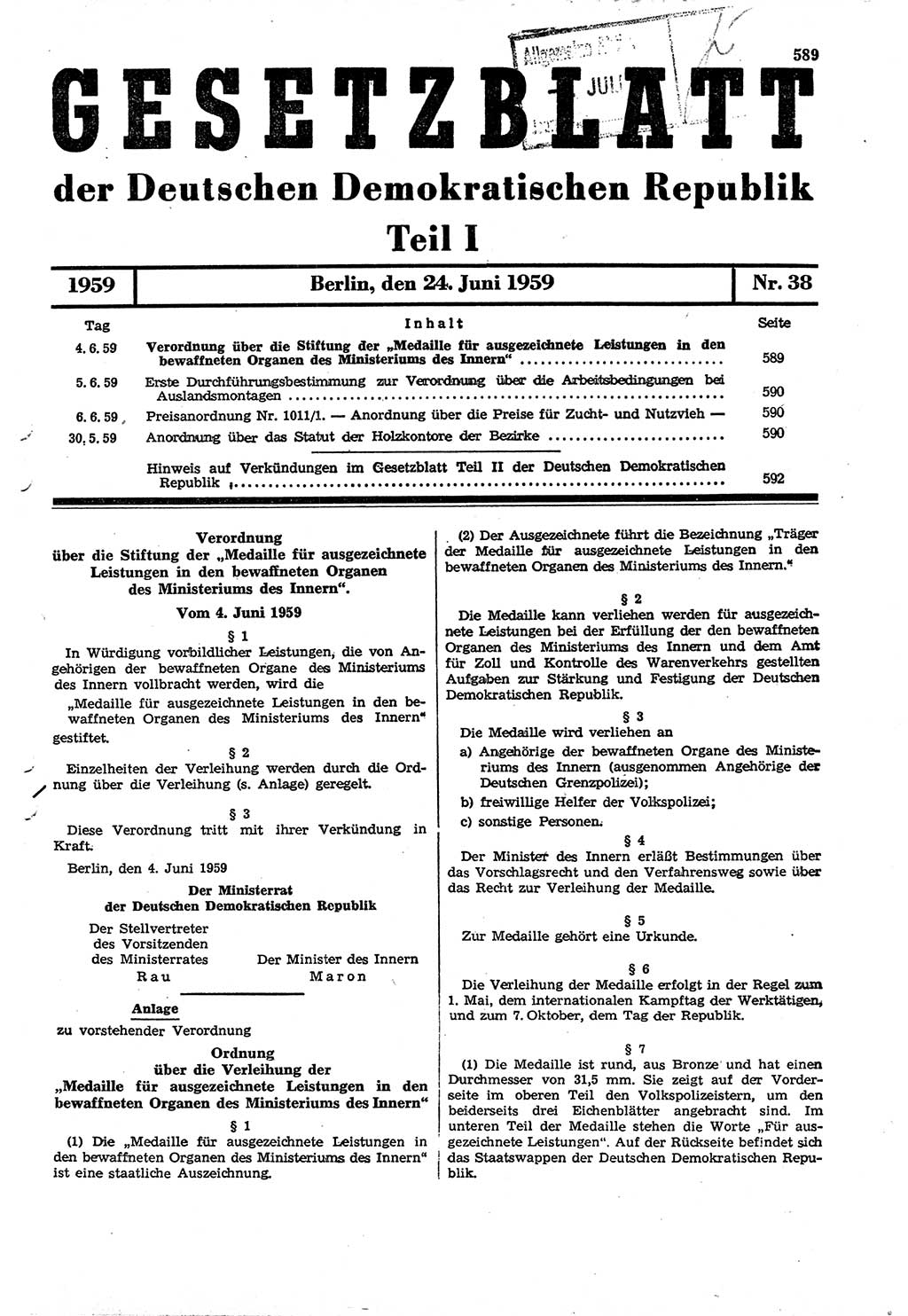 Gesetzblatt (GBl.) der Deutschen Demokratischen Republik (DDR) Teil Ⅰ 1959, Seite 589 (GBl. DDR Ⅰ 1959, S. 589)