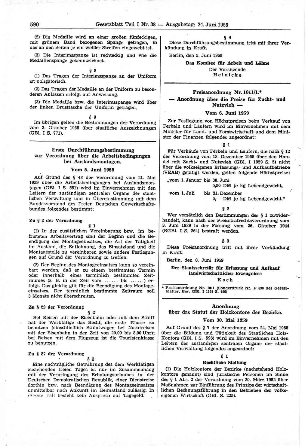 Gesetzblatt (GBl.) der Deutschen Demokratischen Republik (DDR) Teil Ⅰ 1959, Seite 590 (GBl. DDR Ⅰ 1959, S. 590)