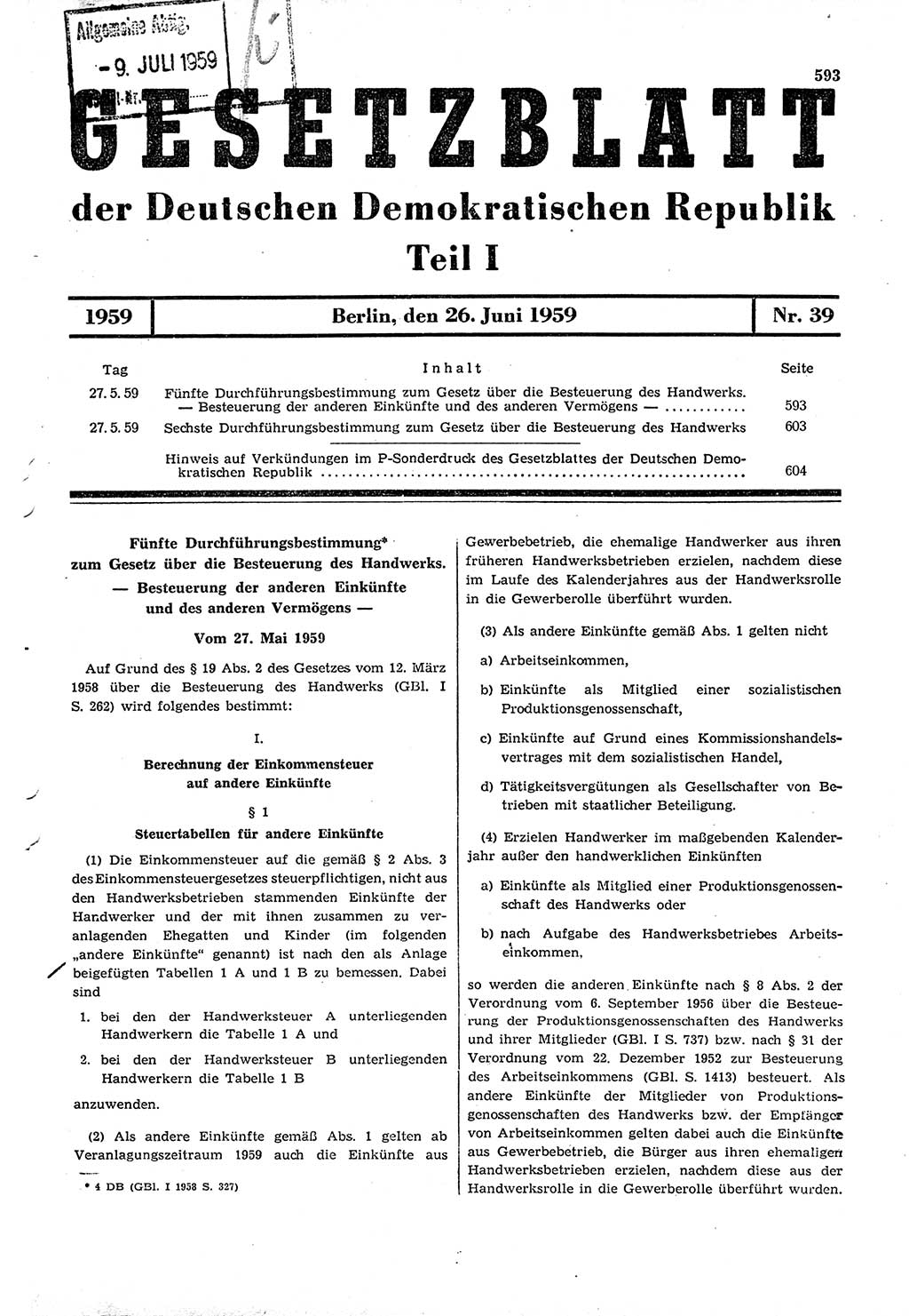 Gesetzblatt (GBl.) der Deutschen Demokratischen Republik (DDR) Teil Ⅰ 1959, Seite 593 (GBl. DDR Ⅰ 1959, S. 593)