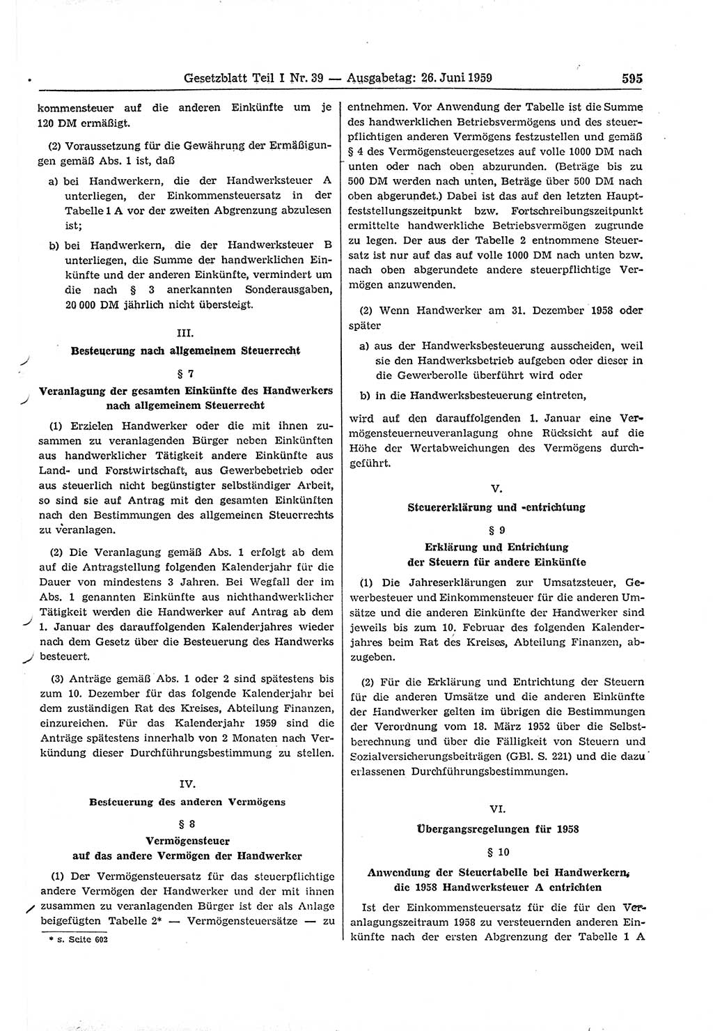 Gesetzblatt (GBl.) der Deutschen Demokratischen Republik (DDR) Teil Ⅰ 1959, Seite 595 (GBl. DDR Ⅰ 1959, S. 595)