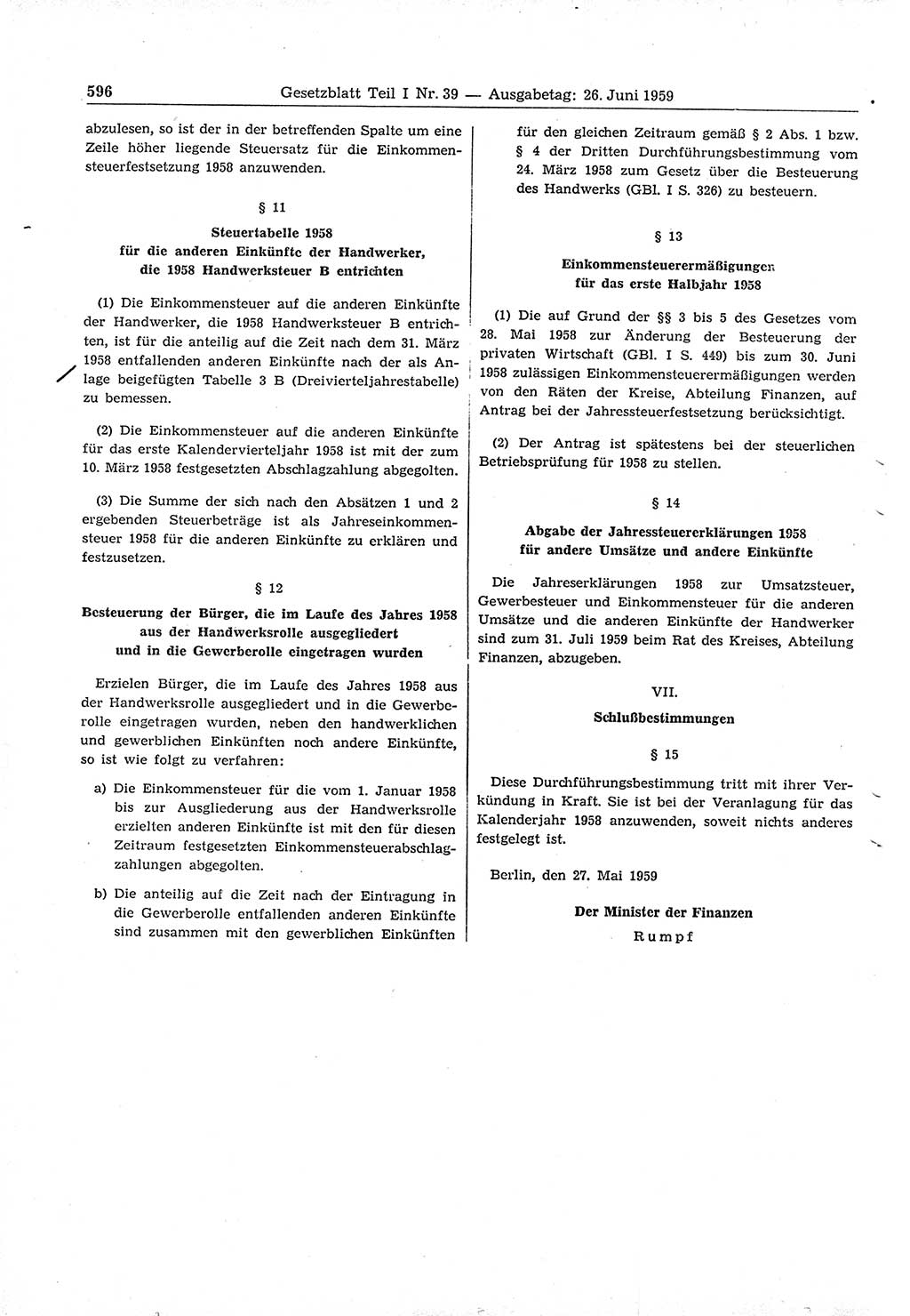 Gesetzblatt (GBl.) der Deutschen Demokratischen Republik (DDR) Teil Ⅰ 1959, Seite 596 (GBl. DDR Ⅰ 1959, S. 596)