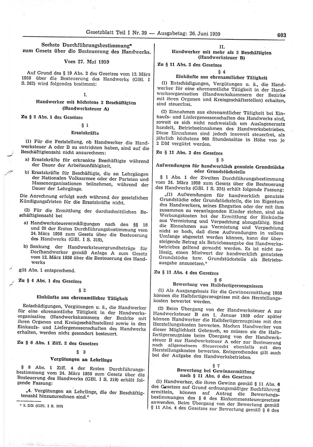 Gesetzblatt (GBl.) der Deutschen Demokratischen Republik (DDR) Teil Ⅰ 1959, Seite 603 (GBl. DDR Ⅰ 1959, S. 603)
