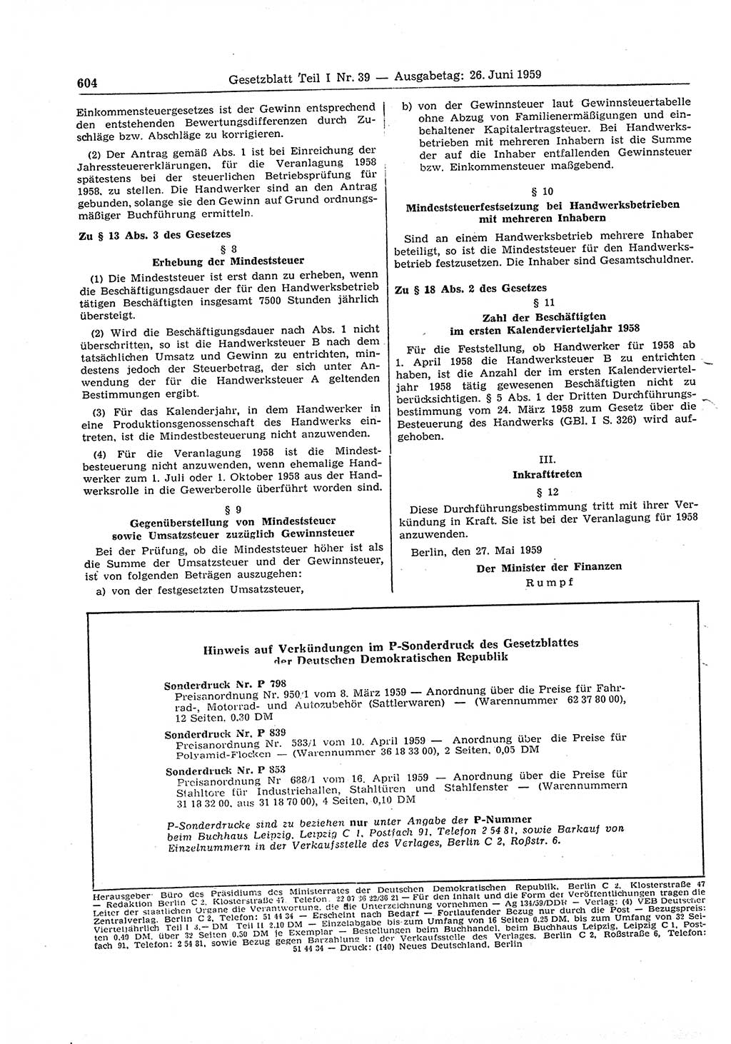 Gesetzblatt (GBl.) der Deutschen Demokratischen Republik (DDR) Teil Ⅰ 1959, Seite 604 (GBl. DDR Ⅰ 1959, S. 604)