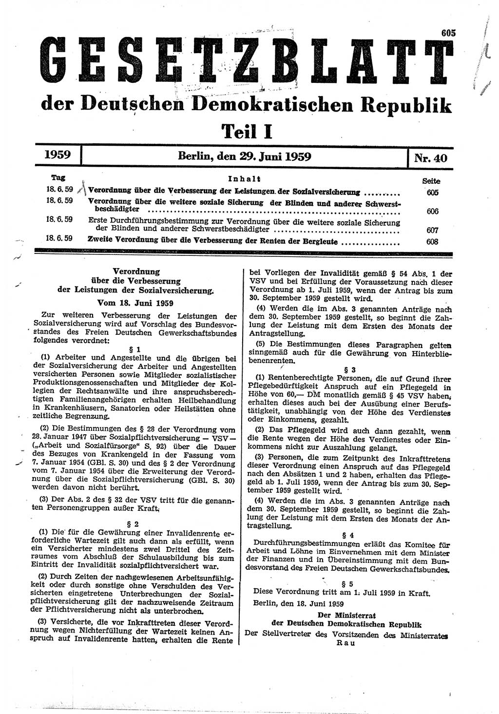 Gesetzblatt (GBl.) der Deutschen Demokratischen Republik (DDR) Teil Ⅰ 1959, Seite 605 (GBl. DDR Ⅰ 1959, S. 605)