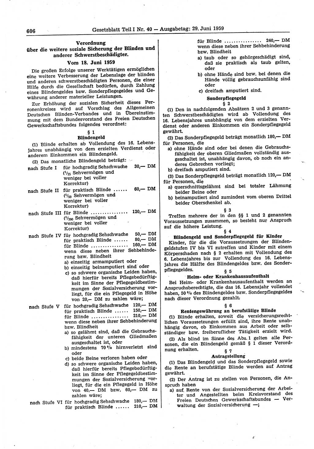 Gesetzblatt (GBl.) der Deutschen Demokratischen Republik (DDR) Teil Ⅰ 1959, Seite 606 (GBl. DDR Ⅰ 1959, S. 606)