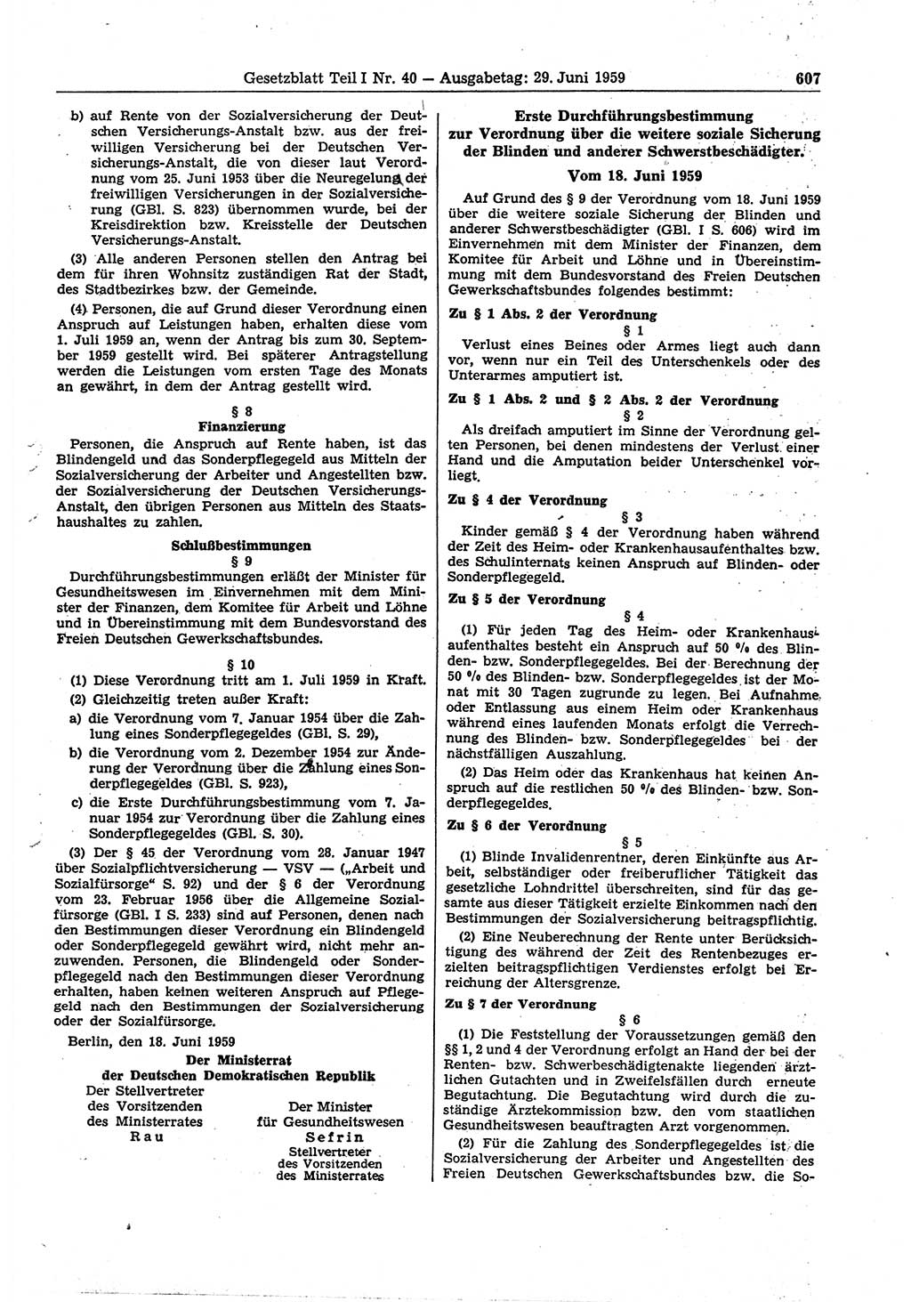 Gesetzblatt (GBl.) der Deutschen Demokratischen Republik (DDR) Teil Ⅰ 1959, Seite 607 (GBl. DDR Ⅰ 1959, S. 607)