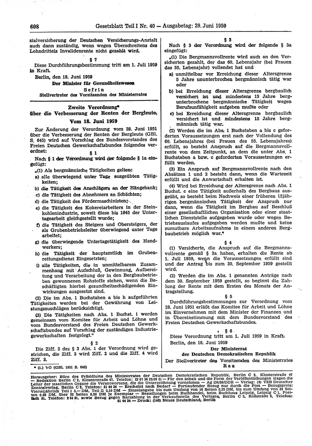 Gesetzblatt (GBl.) der Deutschen Demokratischen Republik (DDR) Teil Ⅰ 1959, Seite 608 (GBl. DDR Ⅰ 1959, S. 608)