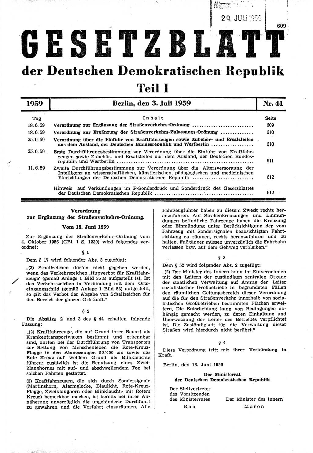 Gesetzblatt (GBl.) der Deutschen Demokratischen Republik (DDR) Teil Ⅰ 1959, Seite 609 (GBl. DDR Ⅰ 1959, S. 609)