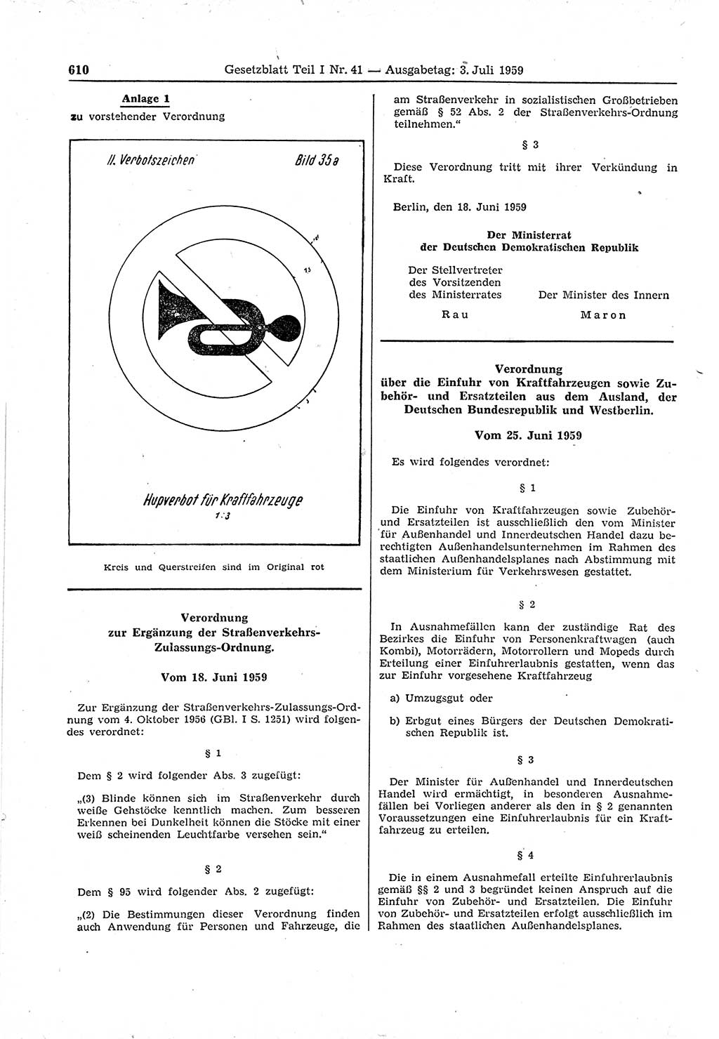 Gesetzblatt (GBl.) der Deutschen Demokratischen Republik (DDR) Teil Ⅰ 1959, Seite 610 (GBl. DDR Ⅰ 1959, S. 610)