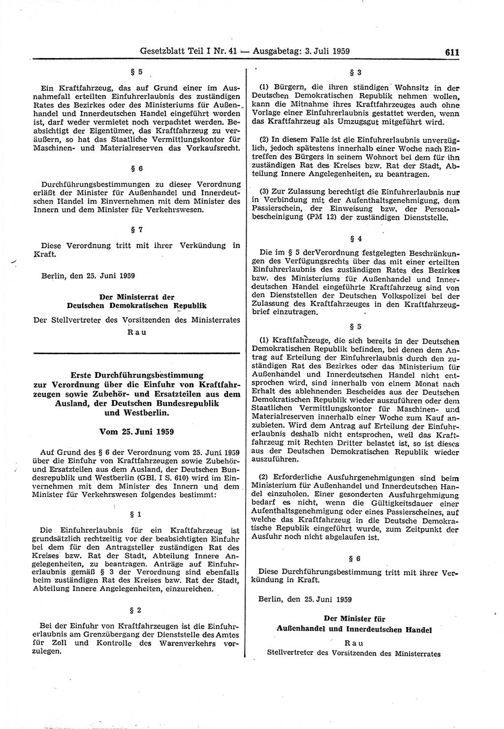 Gesetzblatt (GBl.) der Deutschen Demokratischen Republik (DDR) Teil Ⅰ 1959, Seite 611 (GBl. DDR Ⅰ 1959, S. 611)