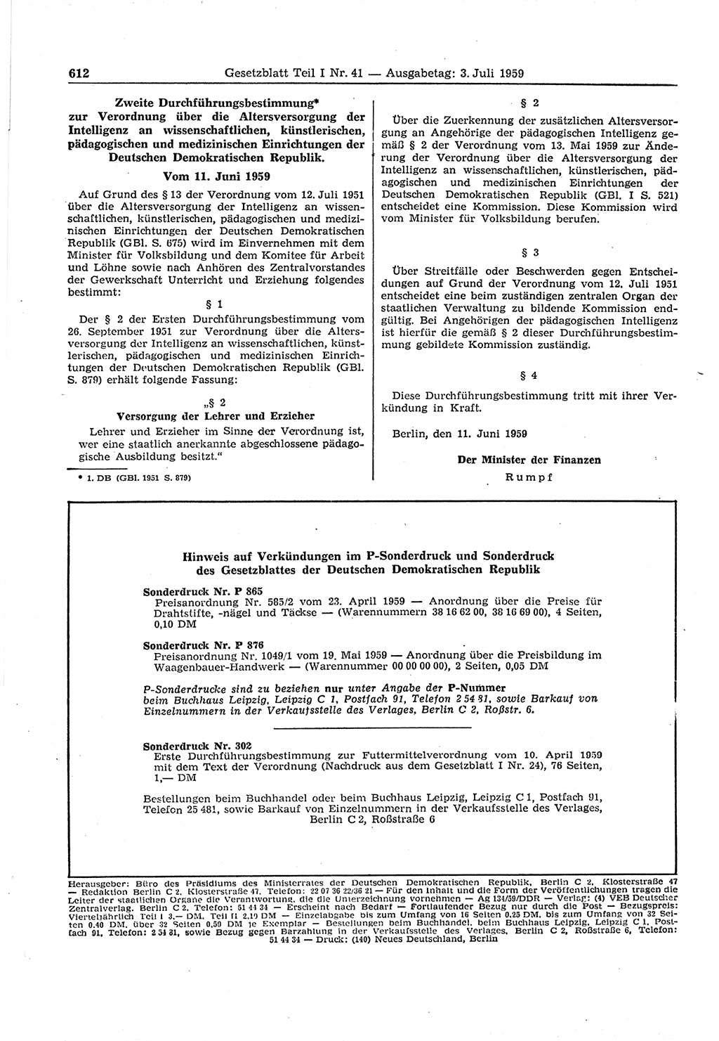 Gesetzblatt (GBl.) der Deutschen Demokratischen Republik (DDR) Teil Ⅰ 1959, Seite 612 (GBl. DDR Ⅰ 1959, S. 612)