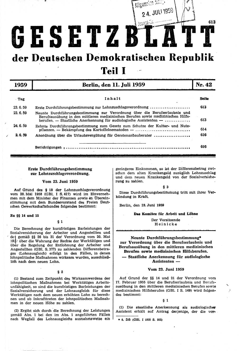 Gesetzblatt (GBl.) der Deutschen Demokratischen Republik (DDR) Teil Ⅰ 1959, Seite 613 (GBl. DDR Ⅰ 1959, S. 613)