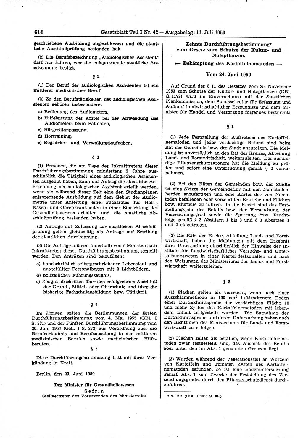Gesetzblatt (GBl.) der Deutschen Demokratischen Republik (DDR) Teil Ⅰ 1959, Seite 614 (GBl. DDR Ⅰ 1959, S. 614)