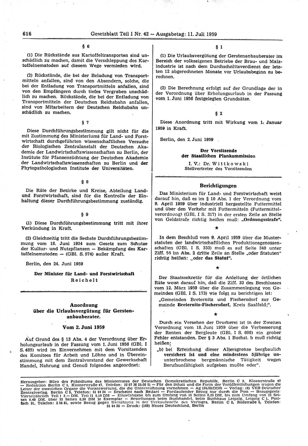 Gesetzblatt (GBl.) der Deutschen Demokratischen Republik (DDR) Teil Ⅰ 1959, Seite 616 (GBl. DDR Ⅰ 1959, S. 616)