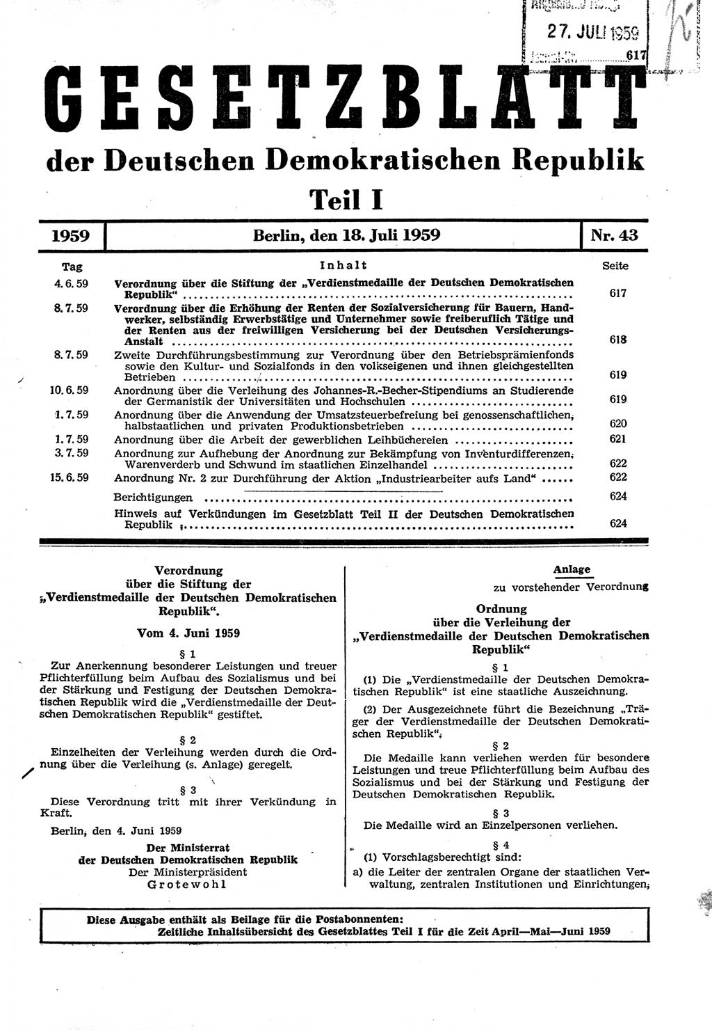 Gesetzblatt (GBl.) der Deutschen Demokratischen Republik (DDR) Teil Ⅰ 1959, Seite 617 (GBl. DDR Ⅰ 1959, S. 617)