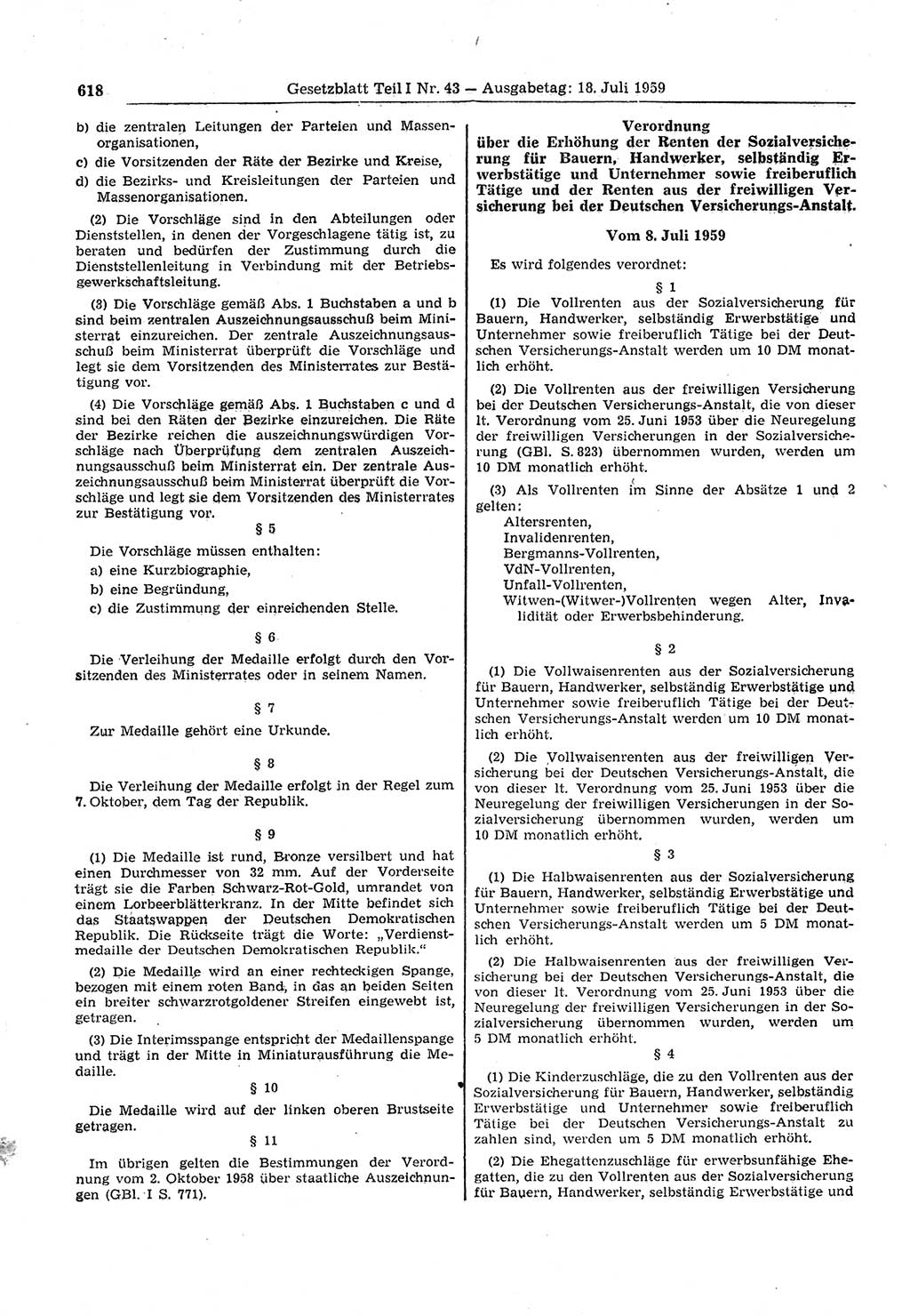 Gesetzblatt (GBl.) der Deutschen Demokratischen Republik (DDR) Teil Ⅰ 1959, Seite 618 (GBl. DDR Ⅰ 1959, S. 618)