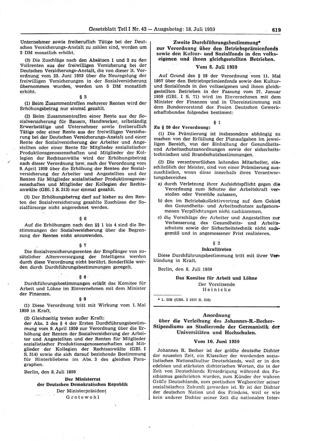 Gesetzblatt (GBl.) der Deutschen Demokratischen Republik (DDR) Teil Ⅰ 1959, Seite 619 (GBl. DDR Ⅰ 1959, S. 619)