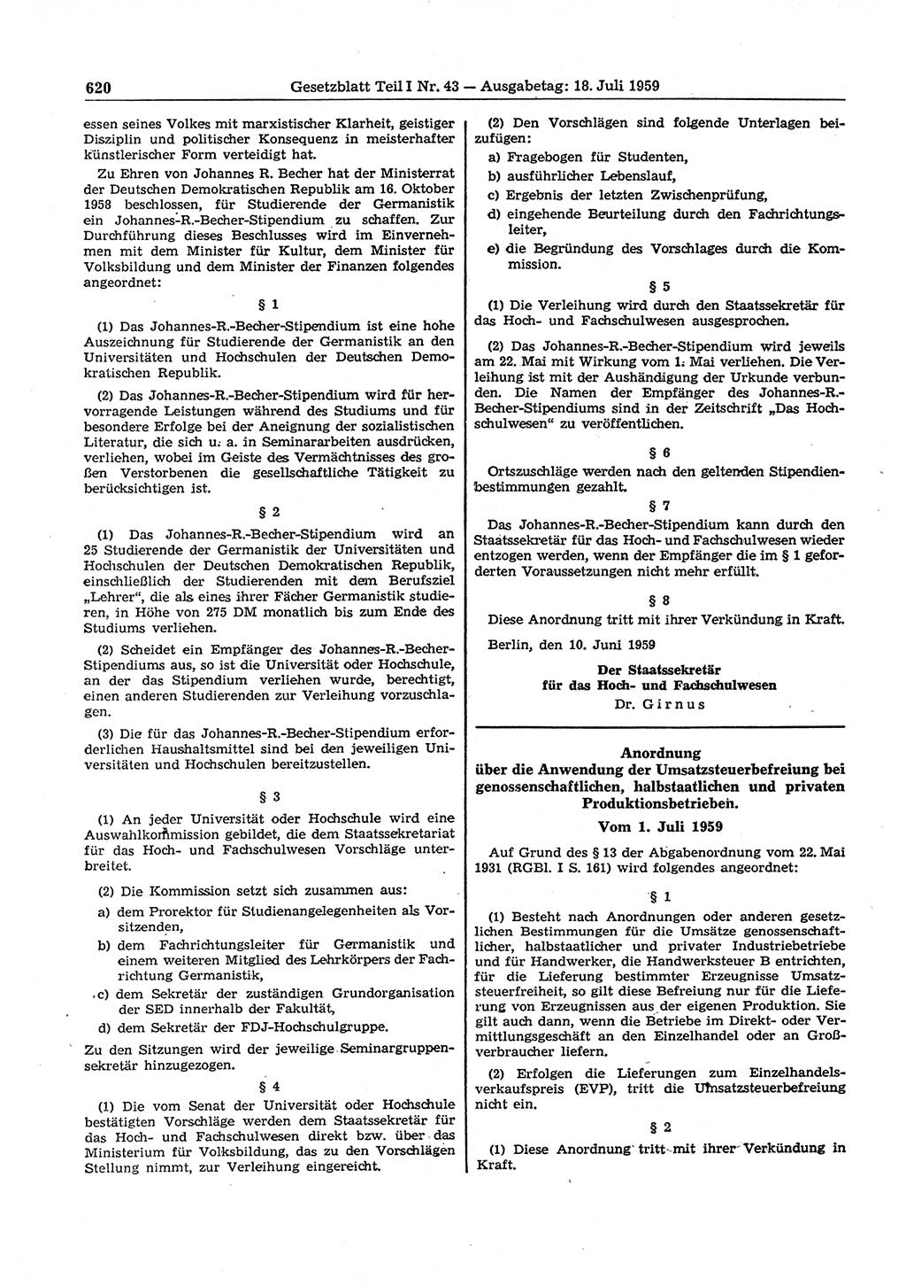 Gesetzblatt (GBl.) der Deutschen Demokratischen Republik (DDR) Teil Ⅰ 1959, Seite 620 (GBl. DDR Ⅰ 1959, S. 620)