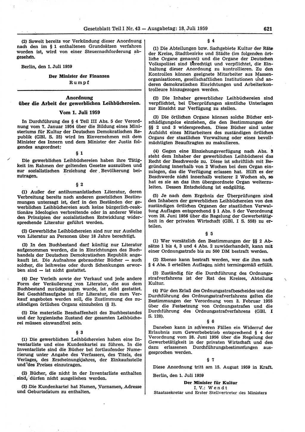 Gesetzblatt (GBl.) der Deutschen Demokratischen Republik (DDR) Teil Ⅰ 1959, Seite 621 (GBl. DDR Ⅰ 1959, S. 621)