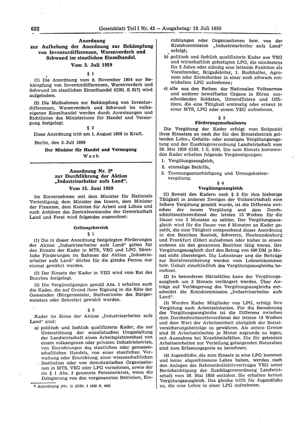 Gesetzblatt (GBl.) der Deutschen Demokratischen Republik (DDR) Teil Ⅰ 1959, Seite 622 (GBl. DDR Ⅰ 1959, S. 622)