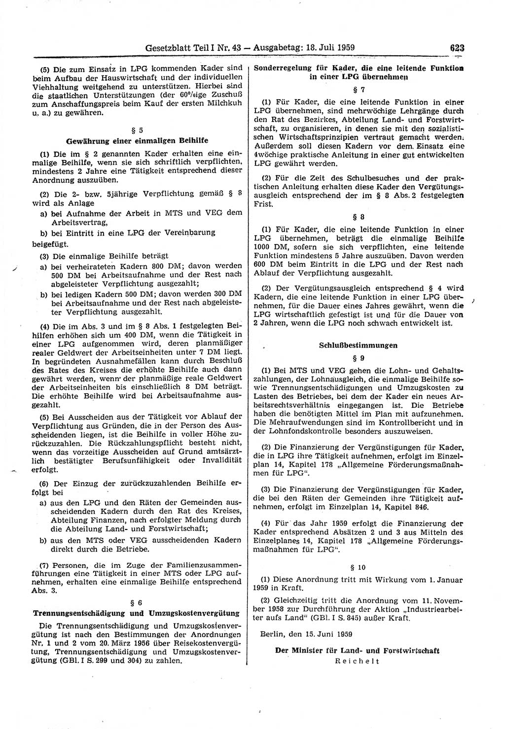 Gesetzblatt (GBl.) der Deutschen Demokratischen Republik (DDR) Teil Ⅰ 1959, Seite 623 (GBl. DDR Ⅰ 1959, S. 623)