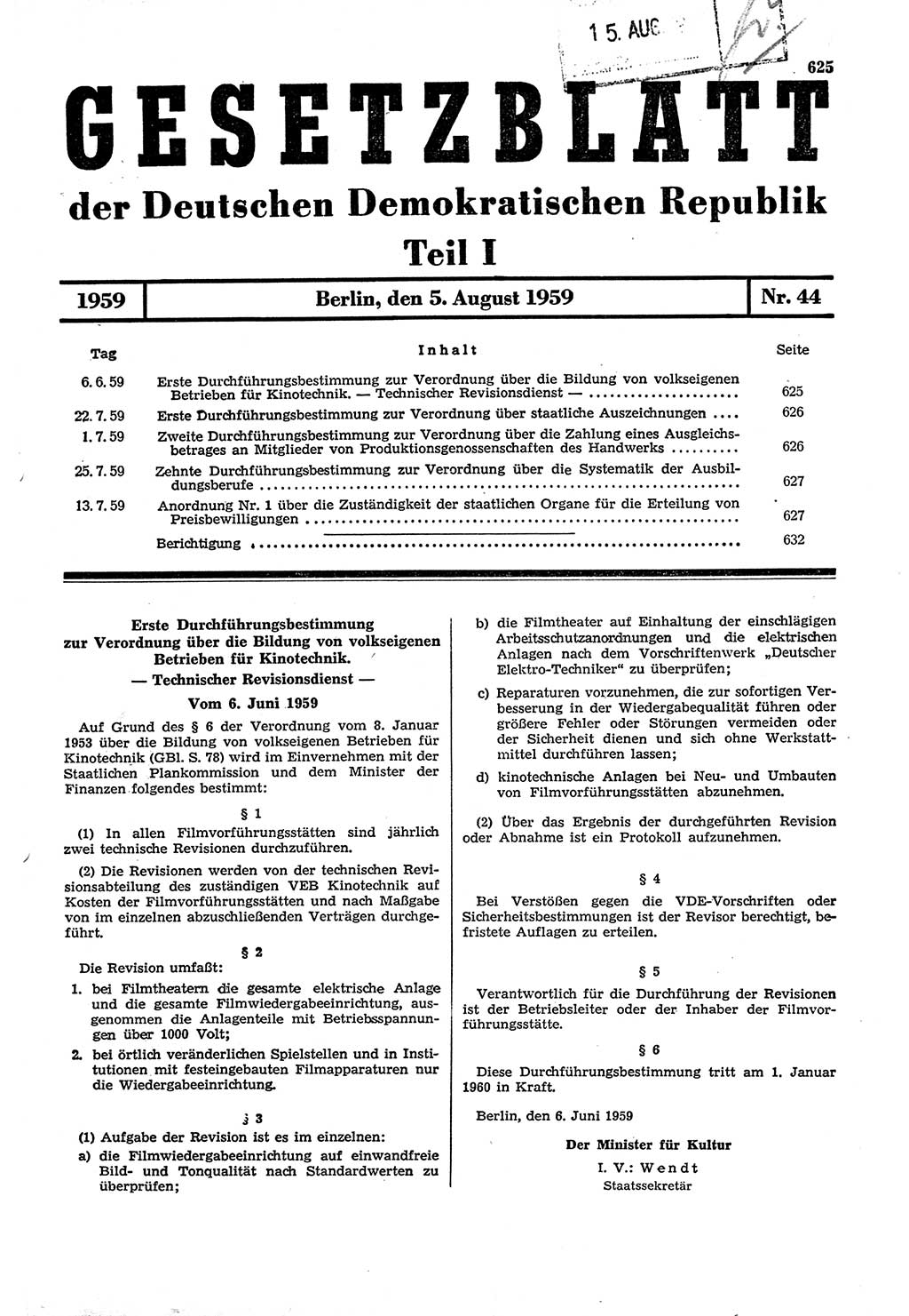Gesetzblatt (GBl.) der Deutschen Demokratischen Republik (DDR) Teil â… 1959, Seite 625 (GBl. DDR â… 1959, S. 625)