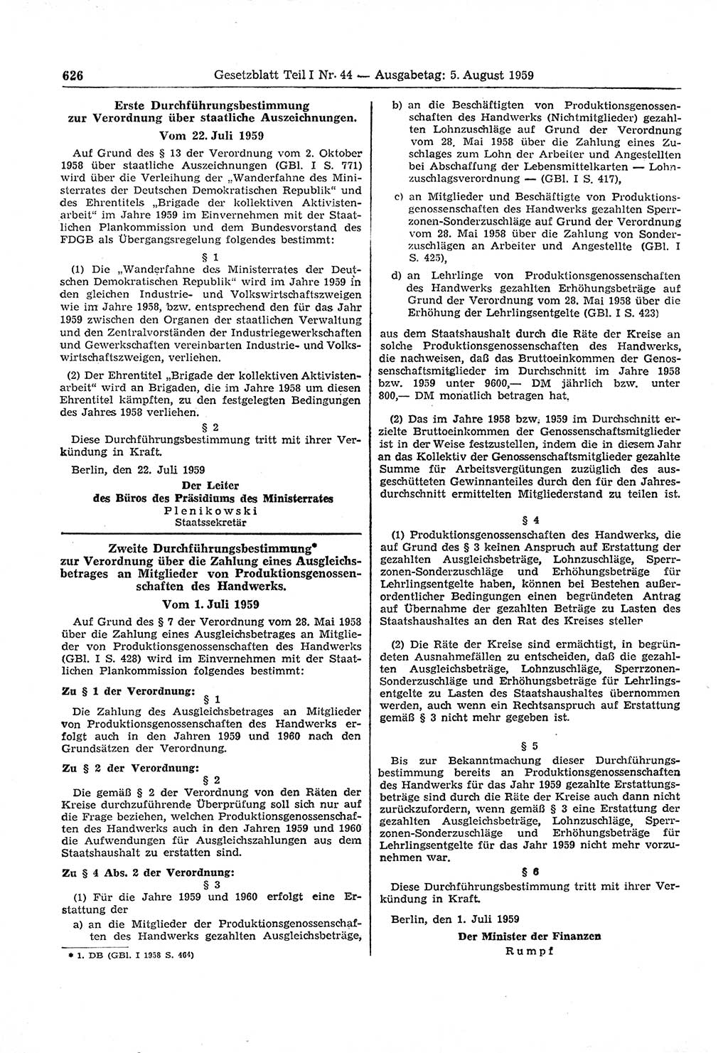 Gesetzblatt (GBl.) der Deutschen Demokratischen Republik (DDR) Teil Ⅰ 1959, Seite 626 (GBl. DDR Ⅰ 1959, S. 626)