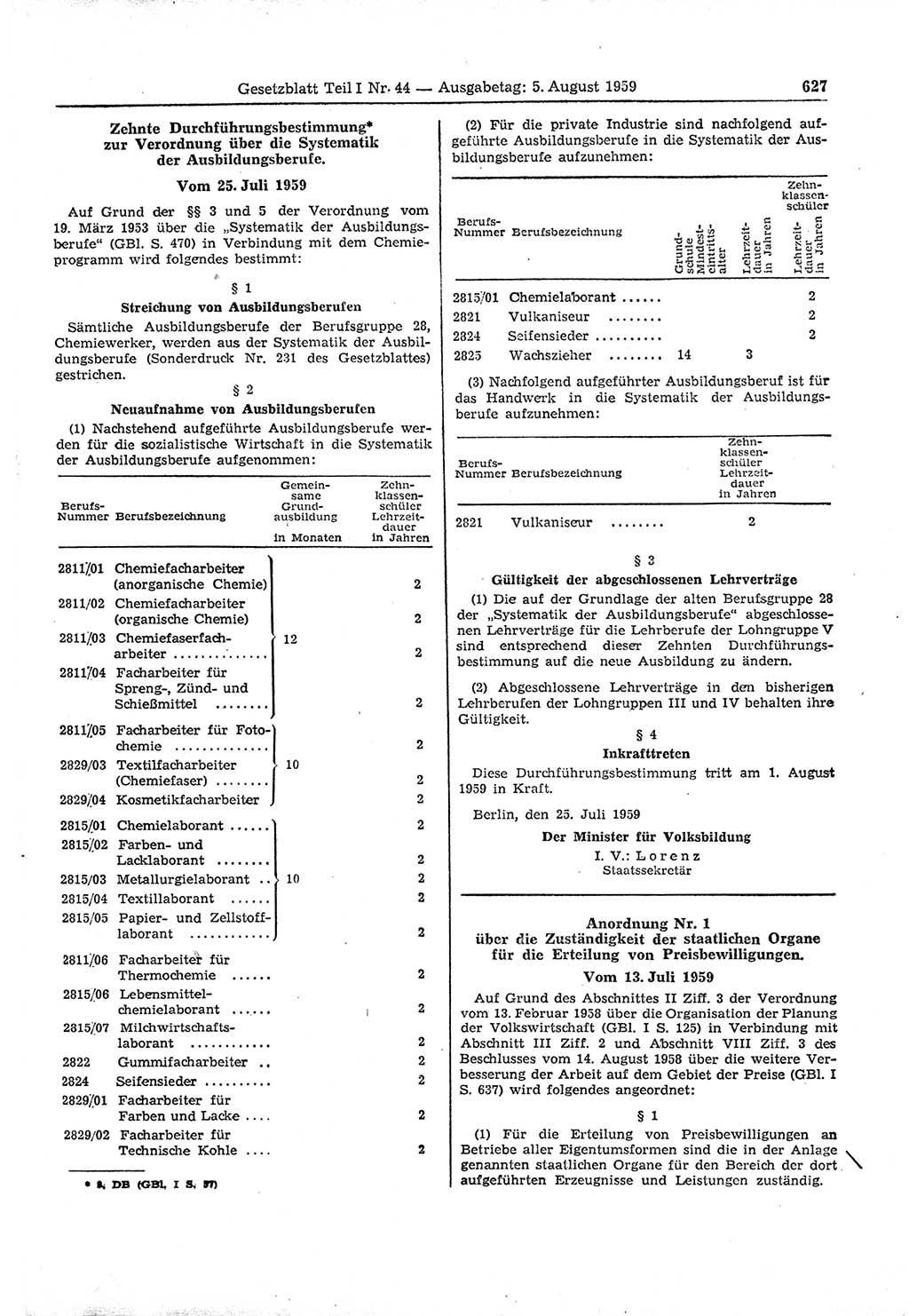 Gesetzblatt (GBl.) der Deutschen Demokratischen Republik (DDR) Teil Ⅰ 1959, Seite 627 (GBl. DDR Ⅰ 1959, S. 627)