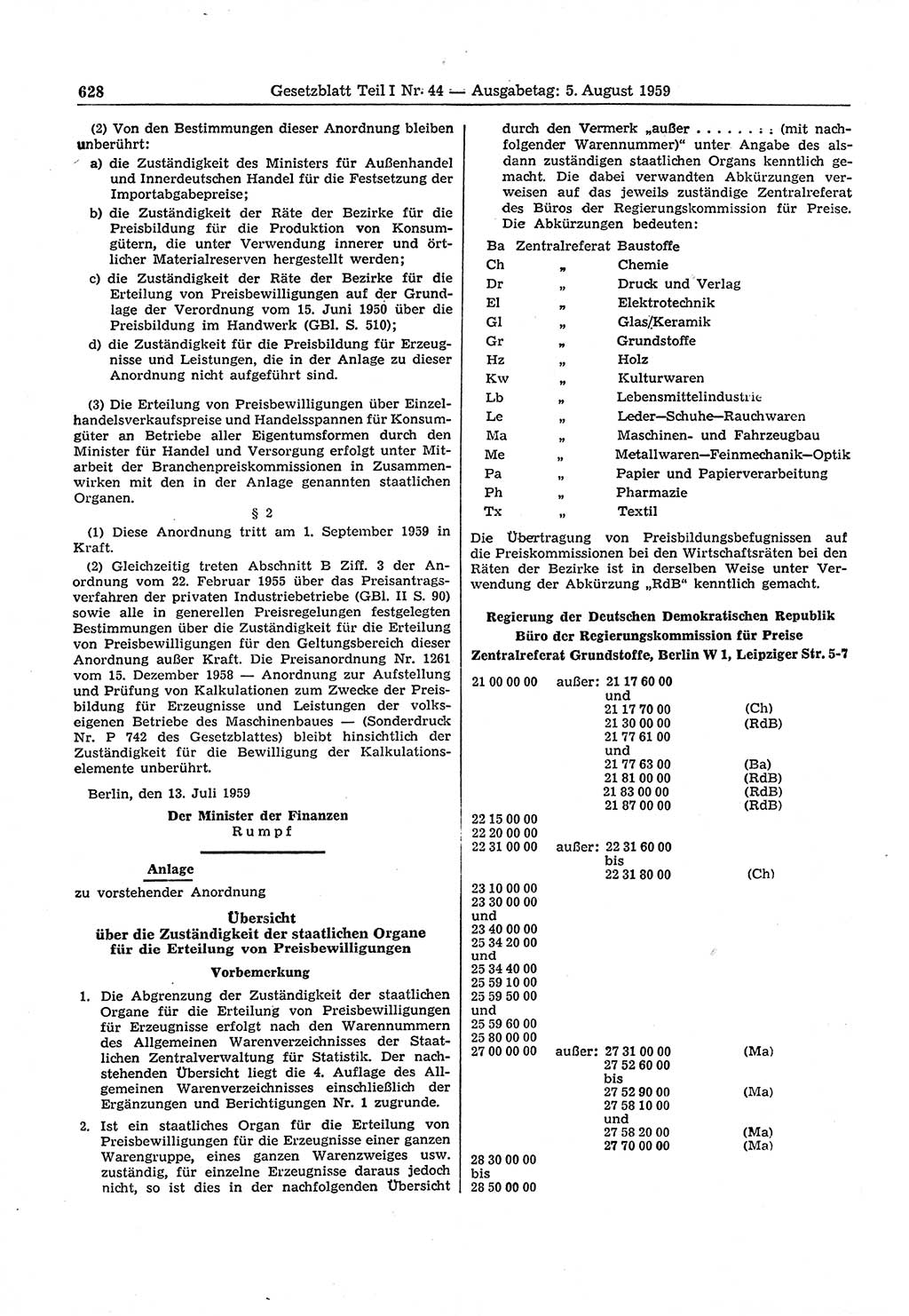 Gesetzblatt (GBl.) der Deutschen Demokratischen Republik (DDR) Teil Ⅰ 1959, Seite 628 (GBl. DDR Ⅰ 1959, S. 628)