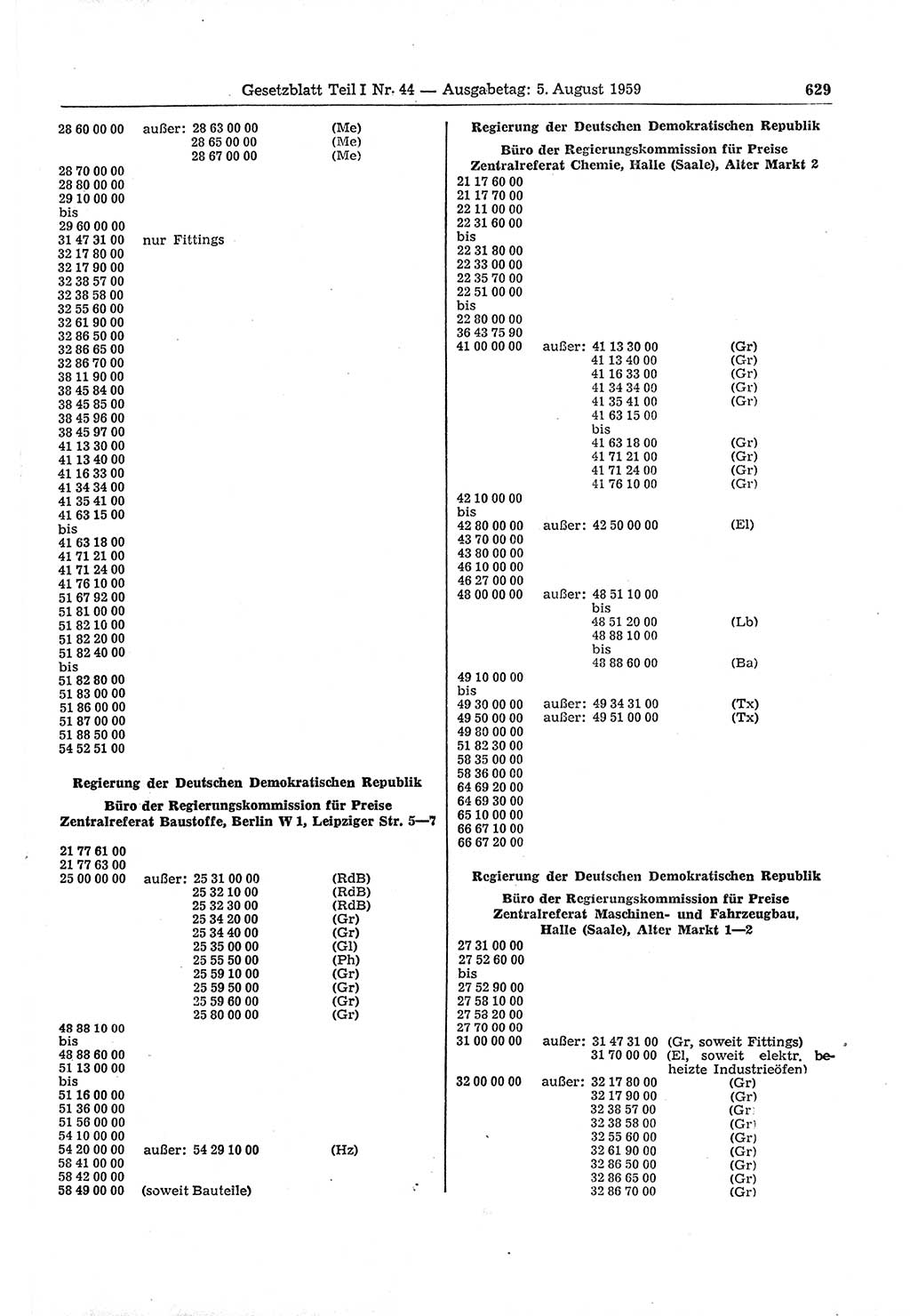 Gesetzblatt (GBl.) der Deutschen Demokratischen Republik (DDR) Teil Ⅰ 1959, Seite 629 (GBl. DDR Ⅰ 1959, S. 629)