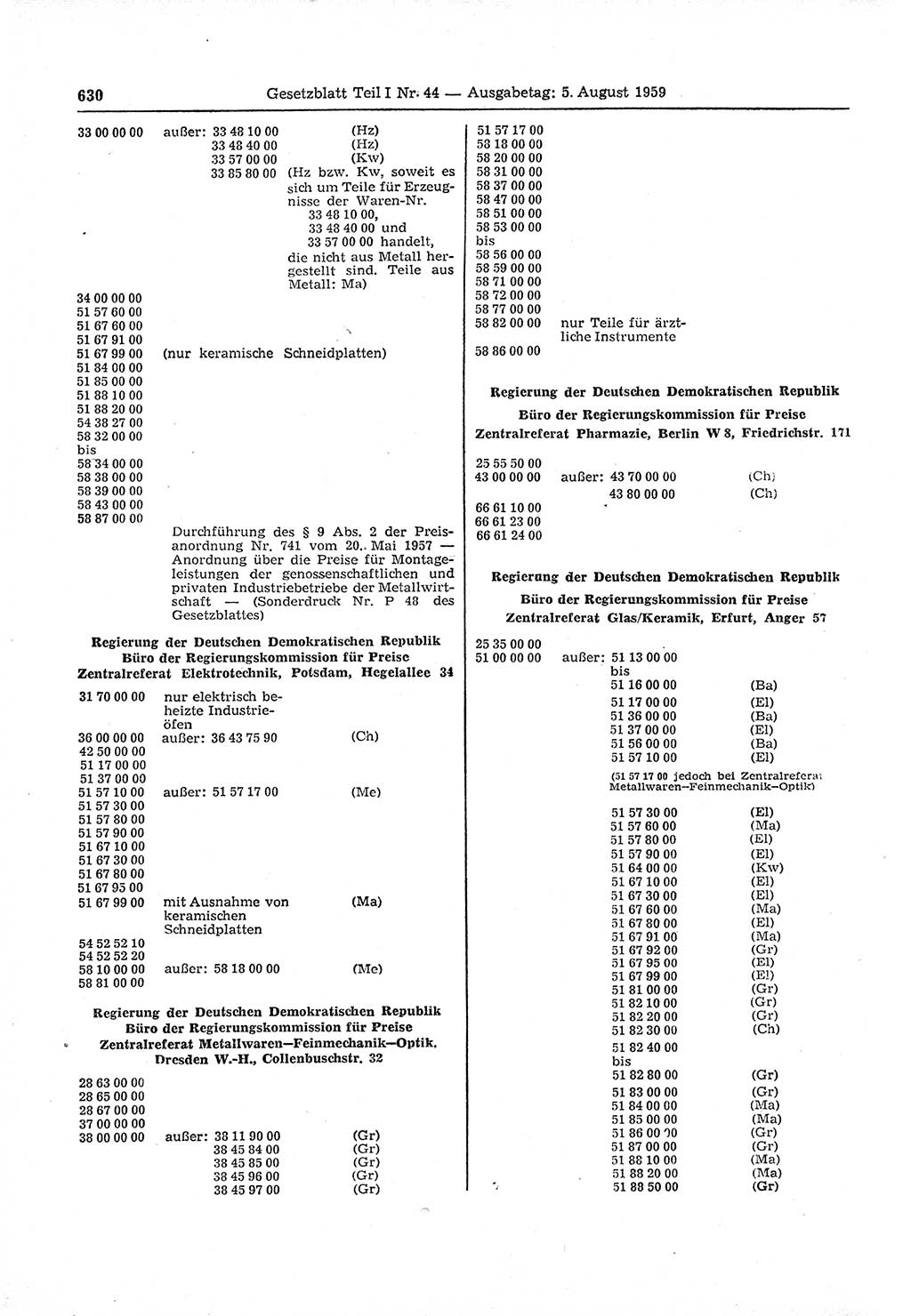 Gesetzblatt (GBl.) der Deutschen Demokratischen Republik (DDR) Teil Ⅰ 1959, Seite 630 (GBl. DDR Ⅰ 1959, S. 630)