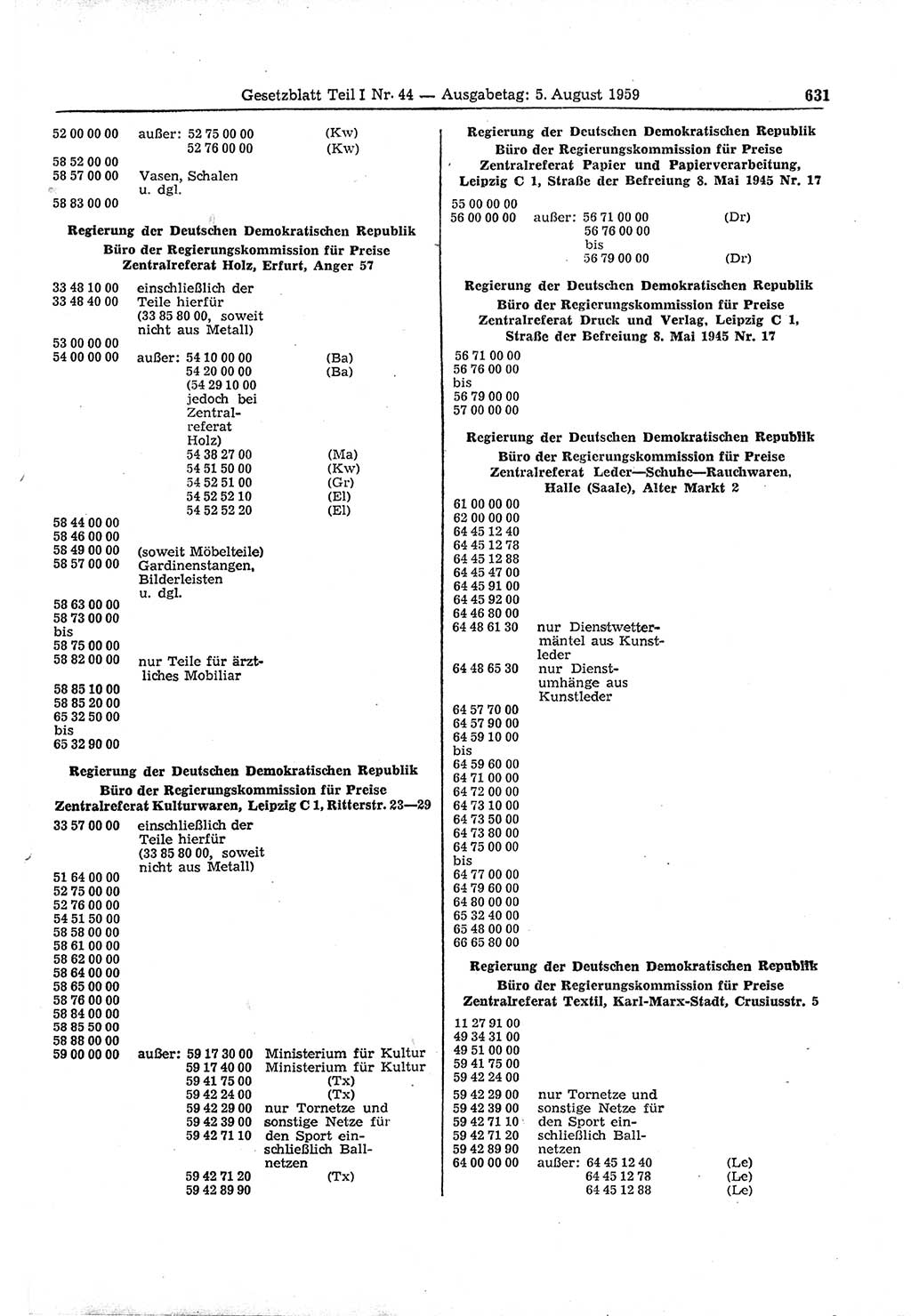 Gesetzblatt (GBl.) der Deutschen Demokratischen Republik (DDR) Teil â… 1959, Seite 631 (GBl. DDR â… 1959, S. 631)